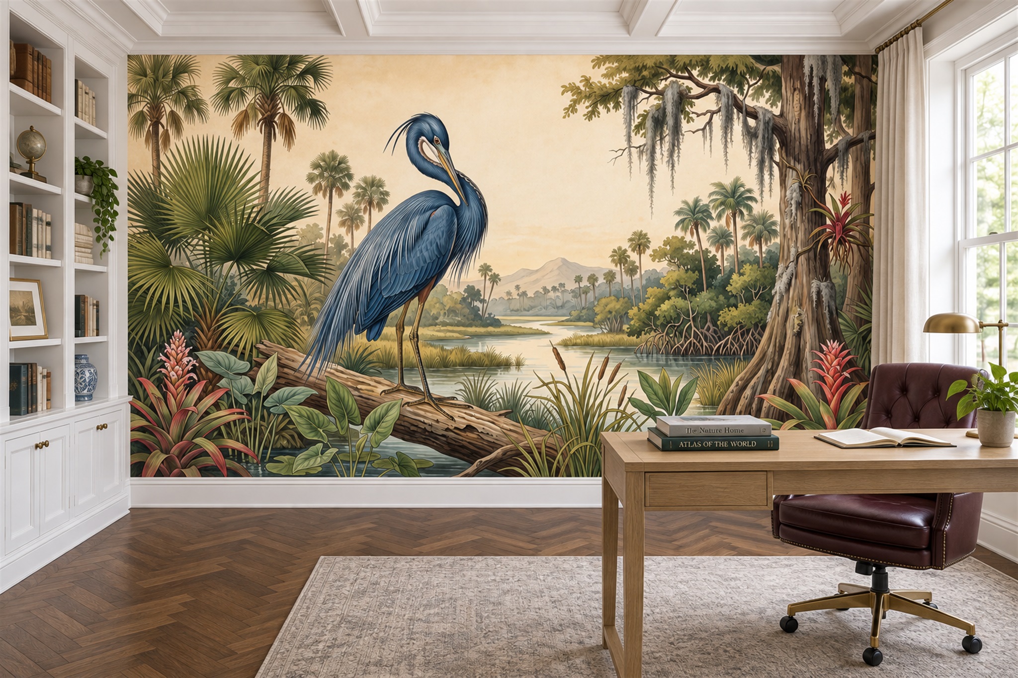 Blue Heron Illustrated Decorative Wallpaper Mural Office-wallpaper-murals, Shown In A Home Office, Peel-and-stick Finish