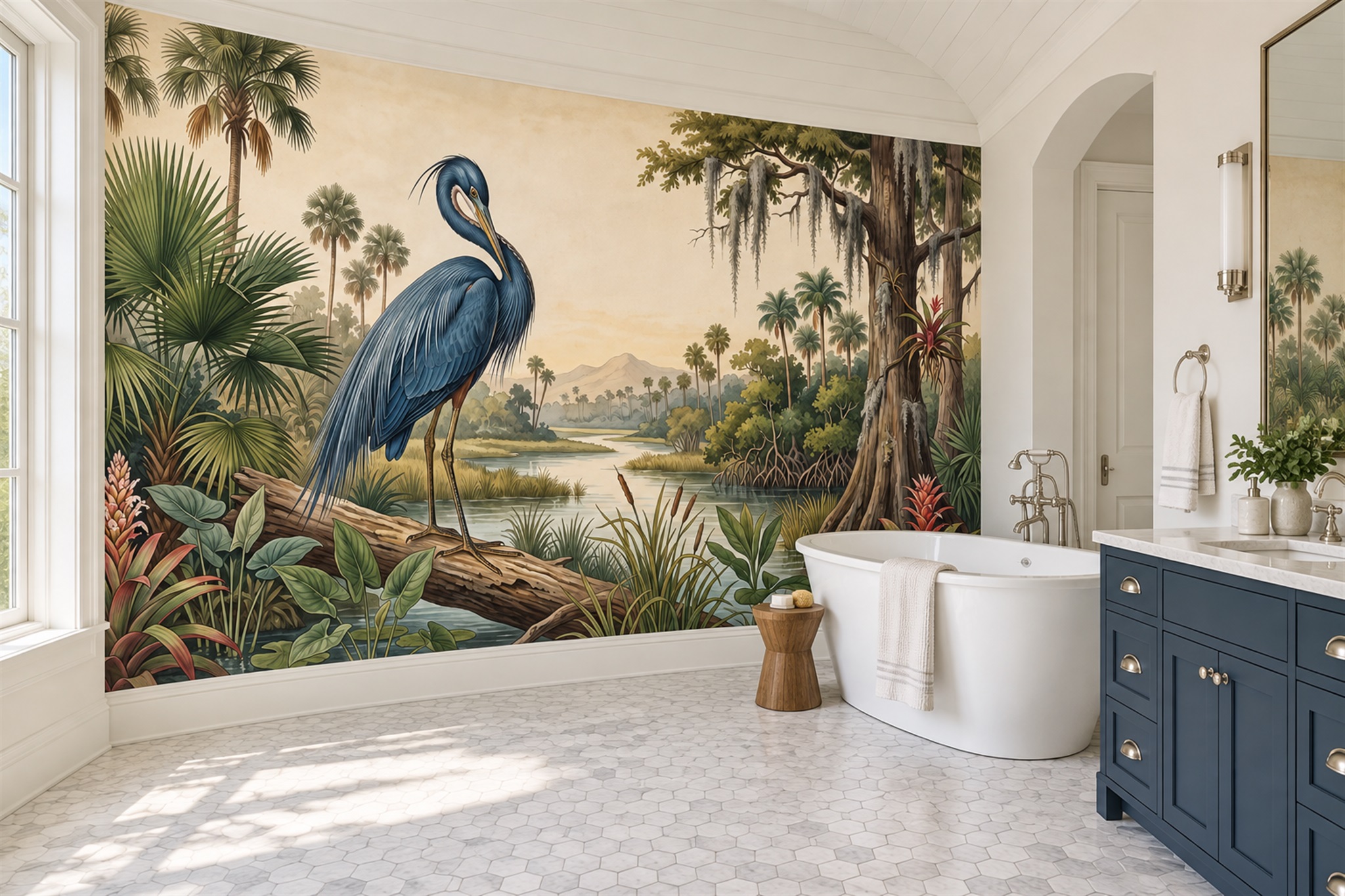 Blue Heron Illustrated Decorative Wallpaper Mural Office-wallpaper-murals, Shown In A Home Office, Peel-and-stick Finish