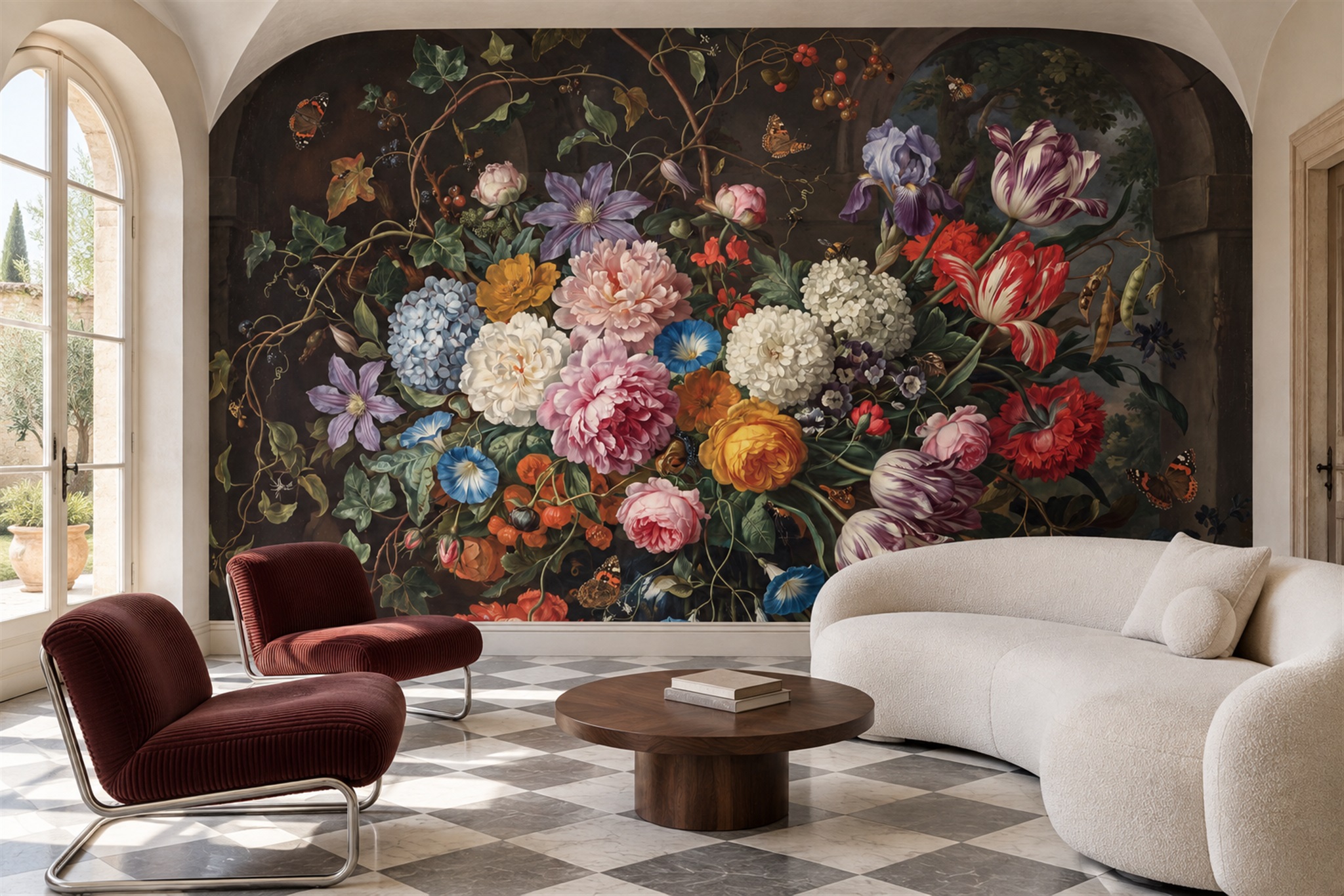 Black Bouquet Botanical Wallpaper Mural Accent-wall-wallpaper-murals, Peel-and-stick Finish