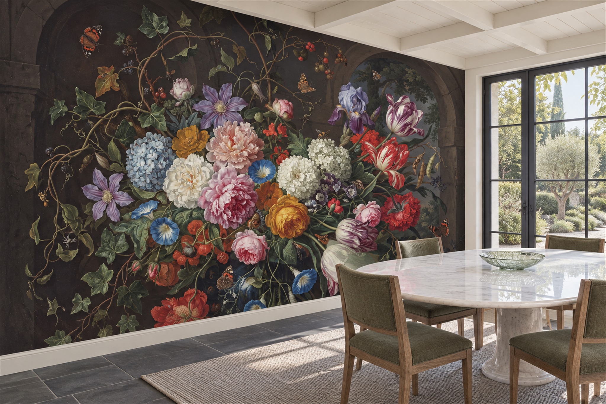 Painterly Garden Flowers And Butterflies On A Dark Ground Wallpaper Mural — Wallpaper Mural Design, Peel-and-stick Finish