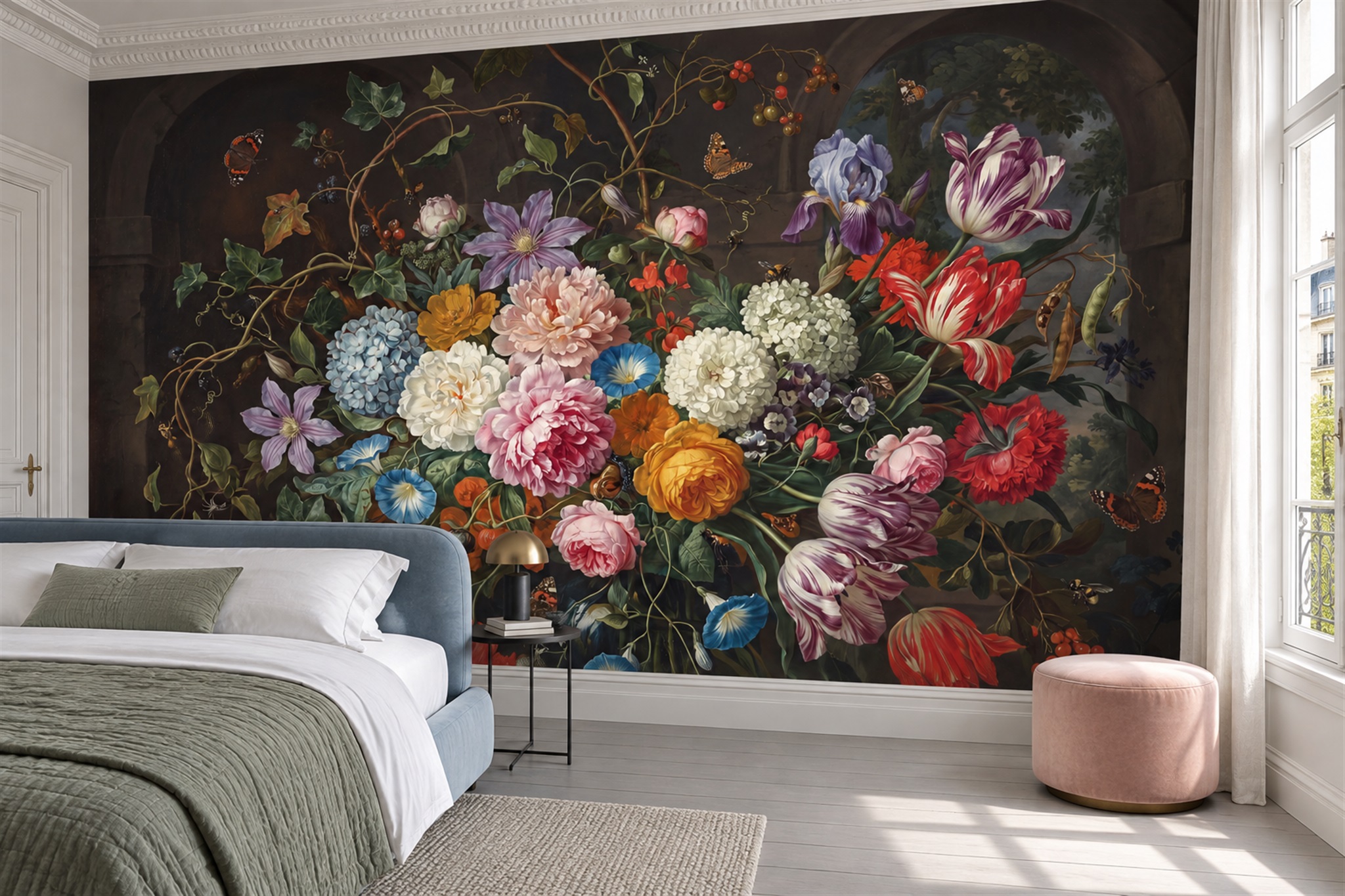 Black Bouquet Botanical Wallpaper Mural Bedroom-wallpaper-murals, Peel-and-stick Finish
