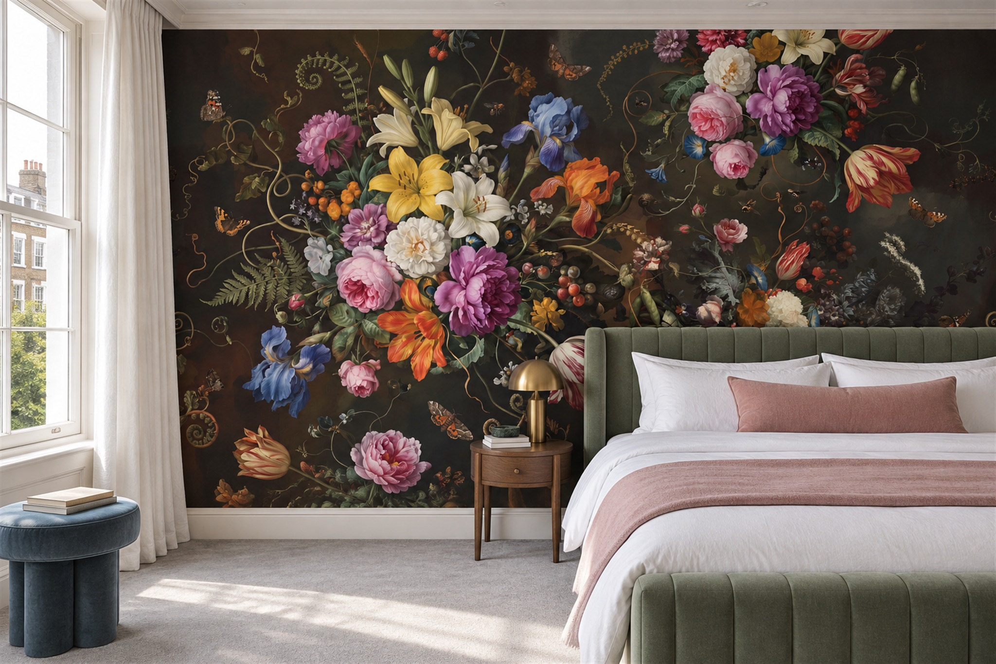 Black Floral Botanical Wallpaper Mural Bedroom-wallpaper-murals, Peel-and-stick Finish