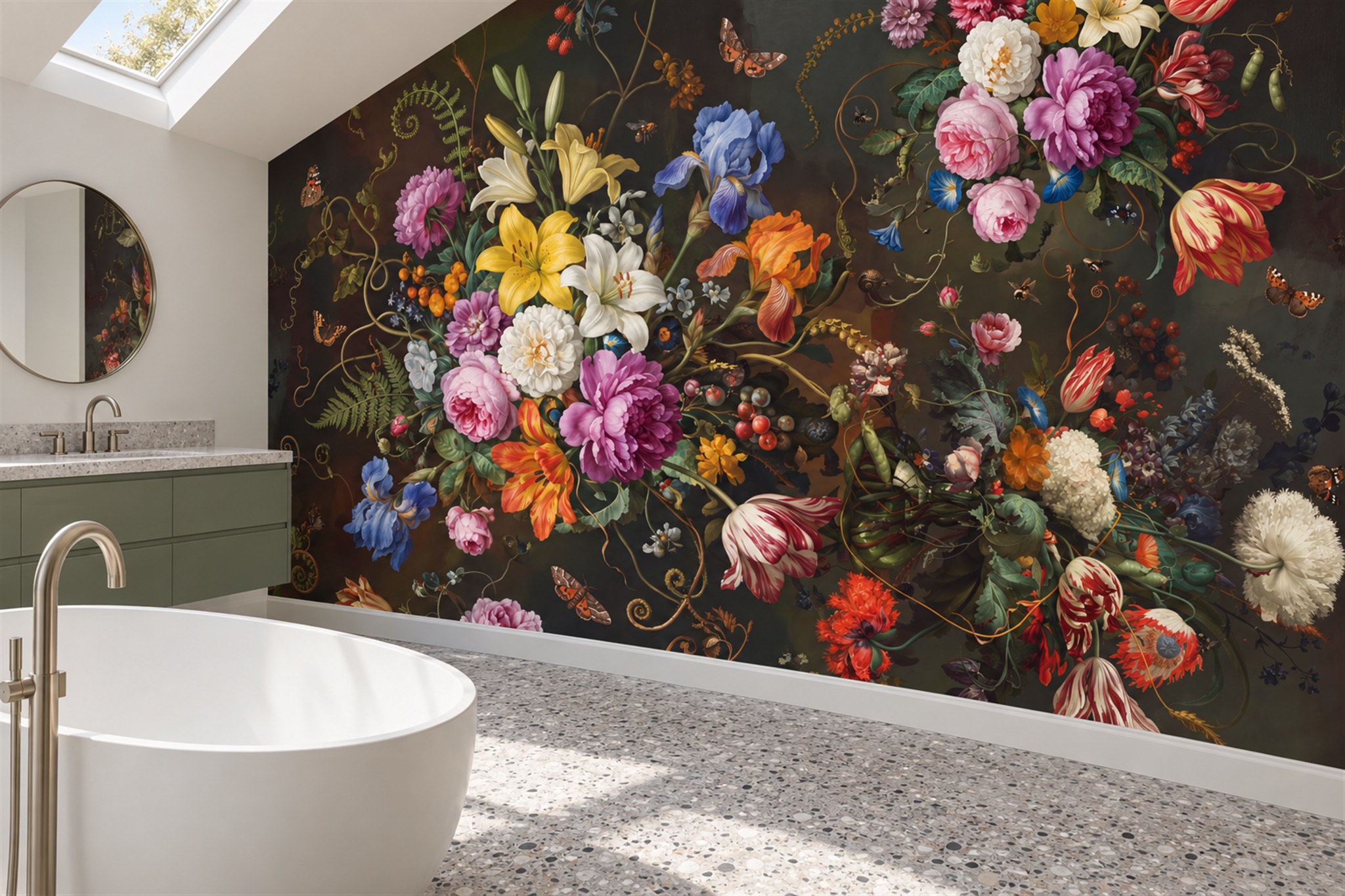 Black Floral Botanical Wallpaper Mural Bathroom-wallpaper-murals, Peel-and-stick Finish