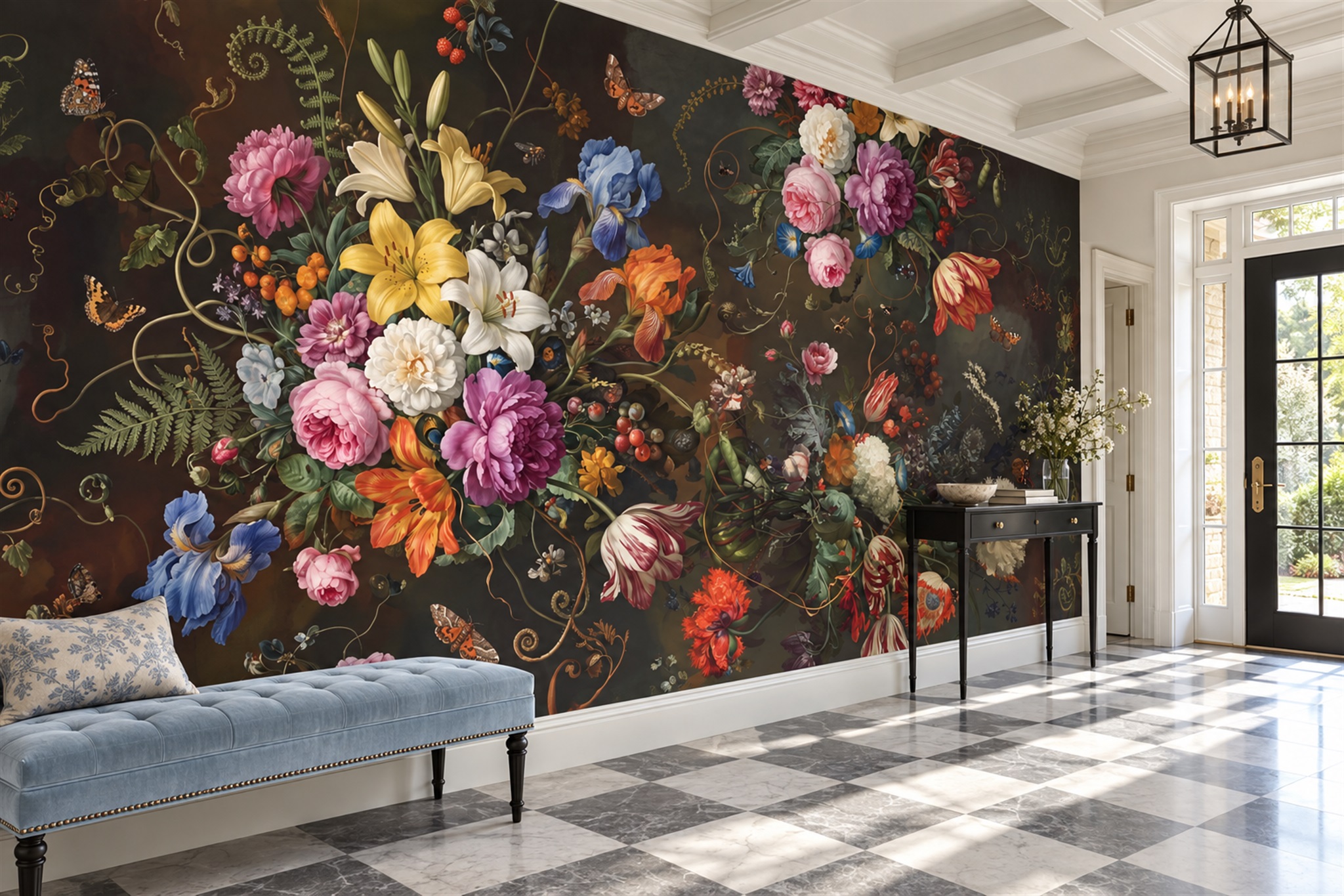 Jewel-tone Garden Flowers On Charcoal Wallpaper Mural — Wallpaper Mural Design, Peel-and-stick Finish