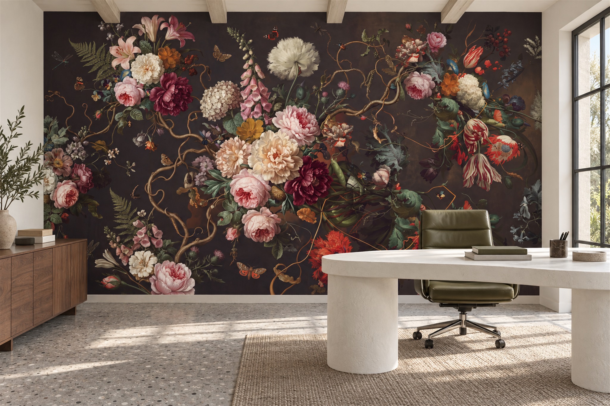 Vintage Roses And Garden Birds On Dark Wallpaper Mural — Installed Wallpaper Mural In A Home Office, Peel-and-stick Finish