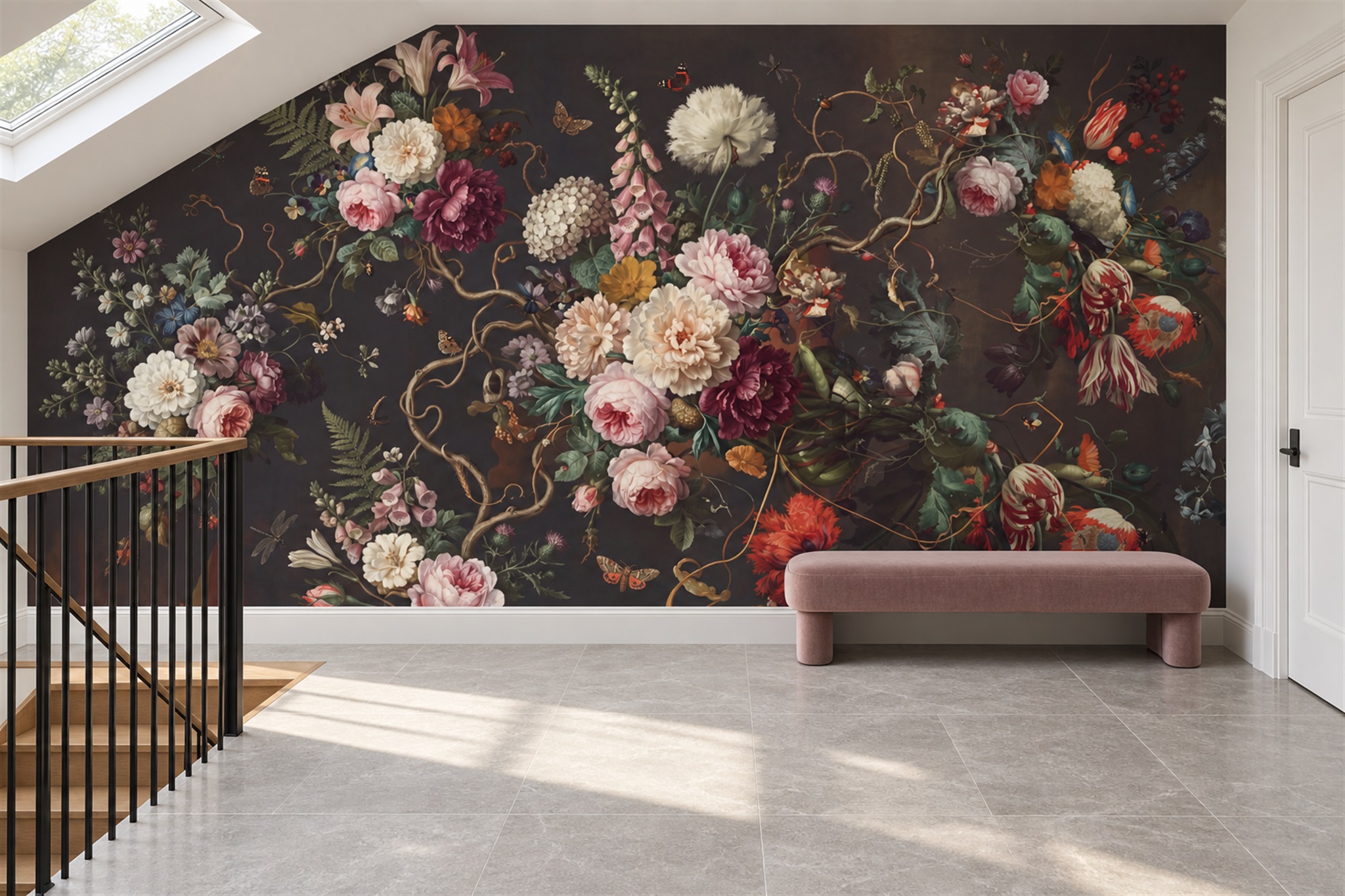Black Rose Botanical Vintage Wallpaper Mural Feature-wall-wallpaper-murals, Peel-and-stick Finish