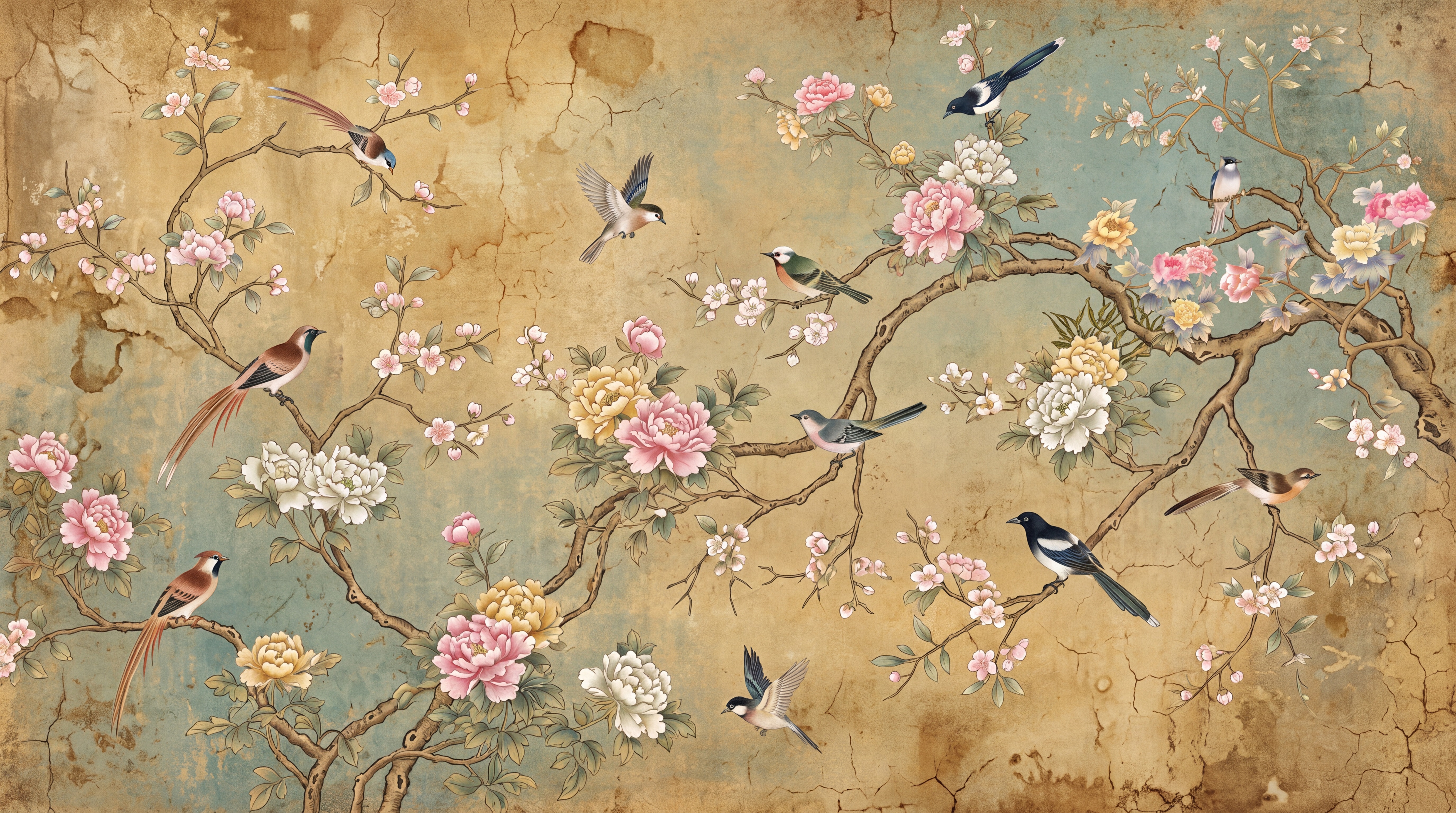 Gold Botanical Botanical Bird Wallpaper Mural, Peel-and-stick Finish