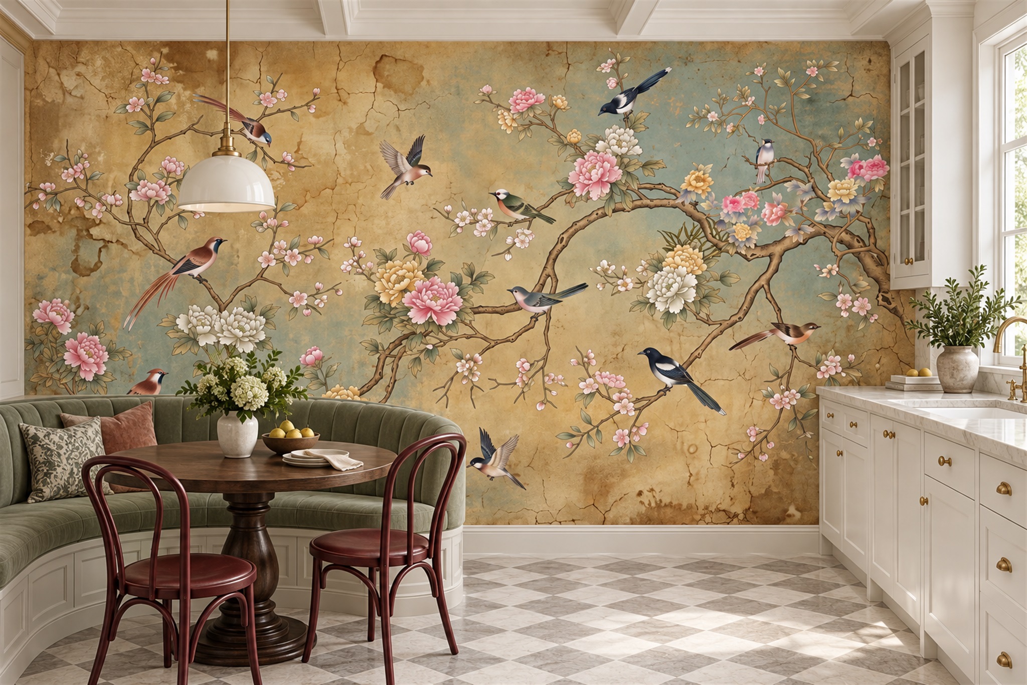Gold Botanical Botanical Bird Wallpaper Mural Dining-room-wallpaper-murals, Shown In A Dining Room, Peel-and-stick Finish