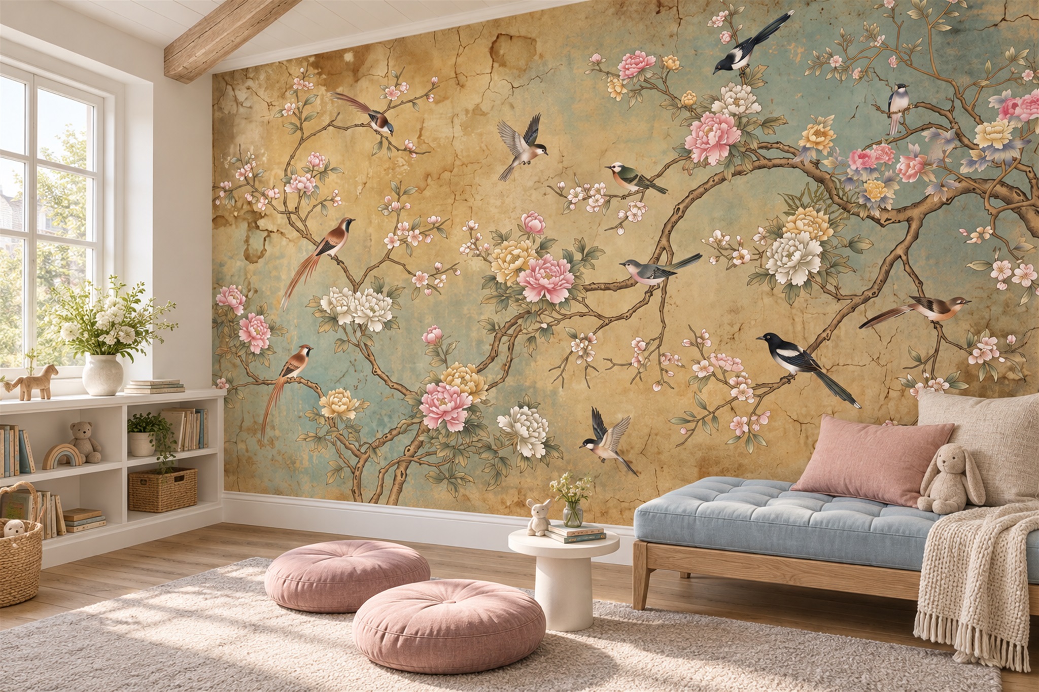 Gold Botanical Botanical Bird Wallpaper Mural Accent-wall-wallpaper-murals, Peel-and-stick Finish