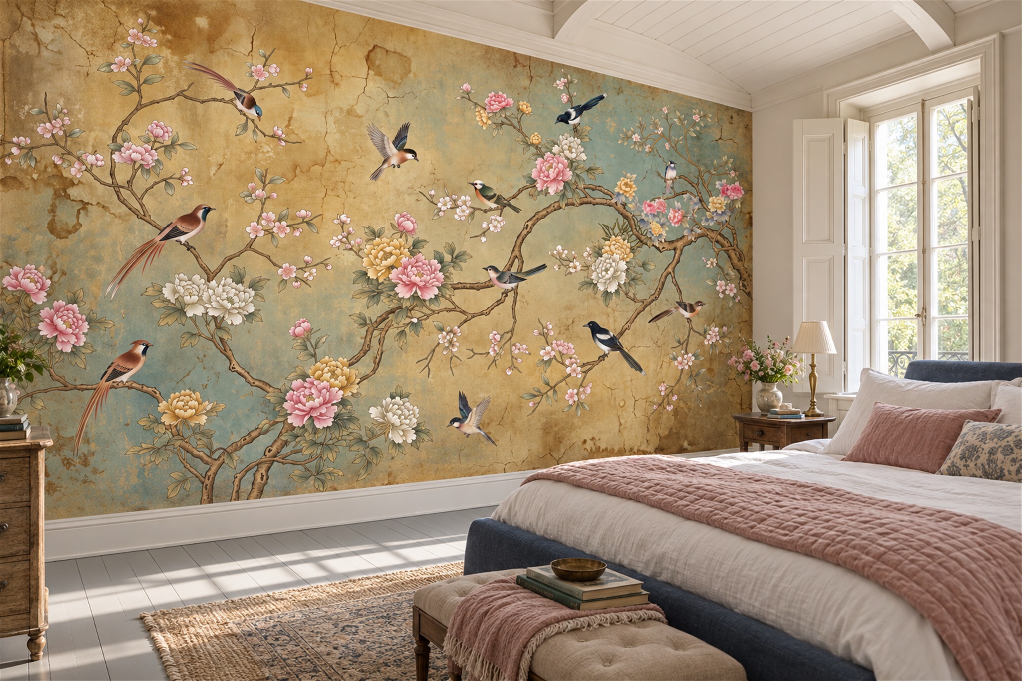 Gold Botanical Botanical Bird Wallpaper Mural Accent-wall-wallpaper-murals, Peel-and-stick Finish