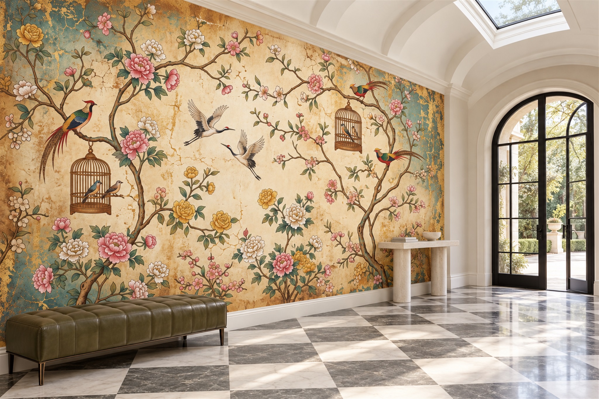 Gold Pattern Decorative Bird Wallpaper Mural Entryway-wallpaper-murals, Peel-and-stick Finish