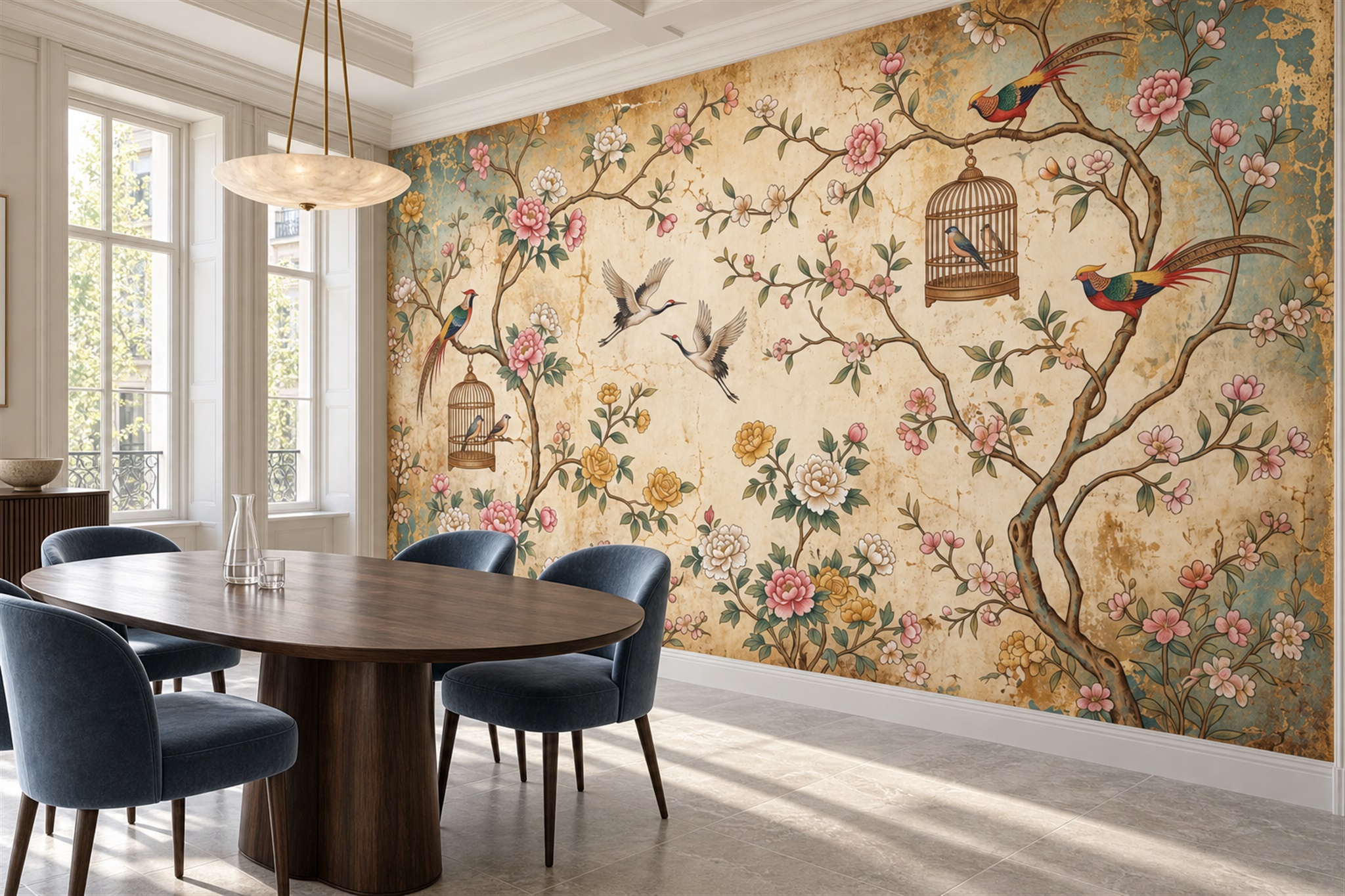 Gold Pattern Decorative Bird Wallpaper Mural Dining-room-wallpaper-murals, Shown In A Dining Room, Peel-and-stick Finish