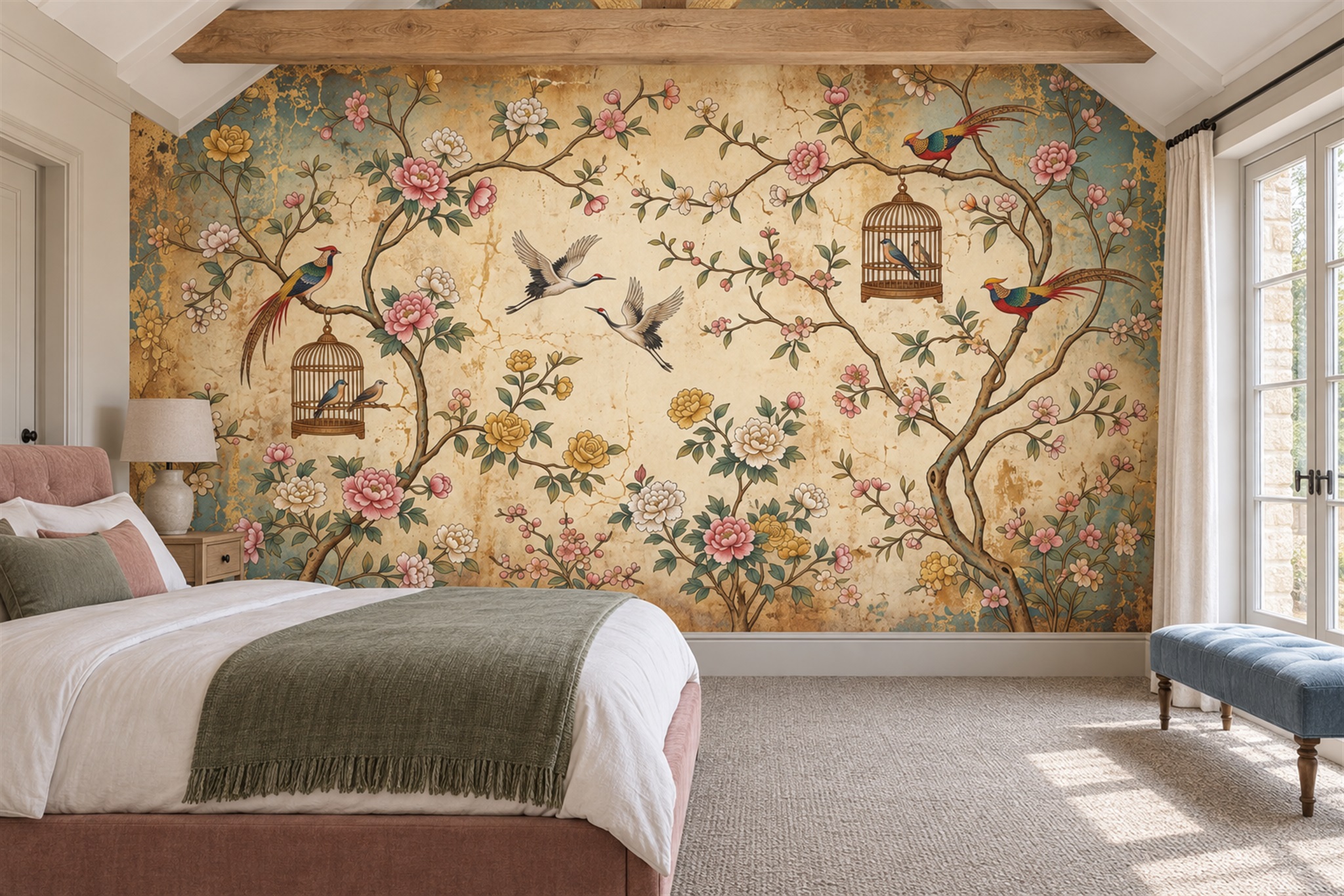 Gold Pattern Decorative Bird Wallpaper Mural Bedroom-wallpaper-murals, Peel-and-stick Finish