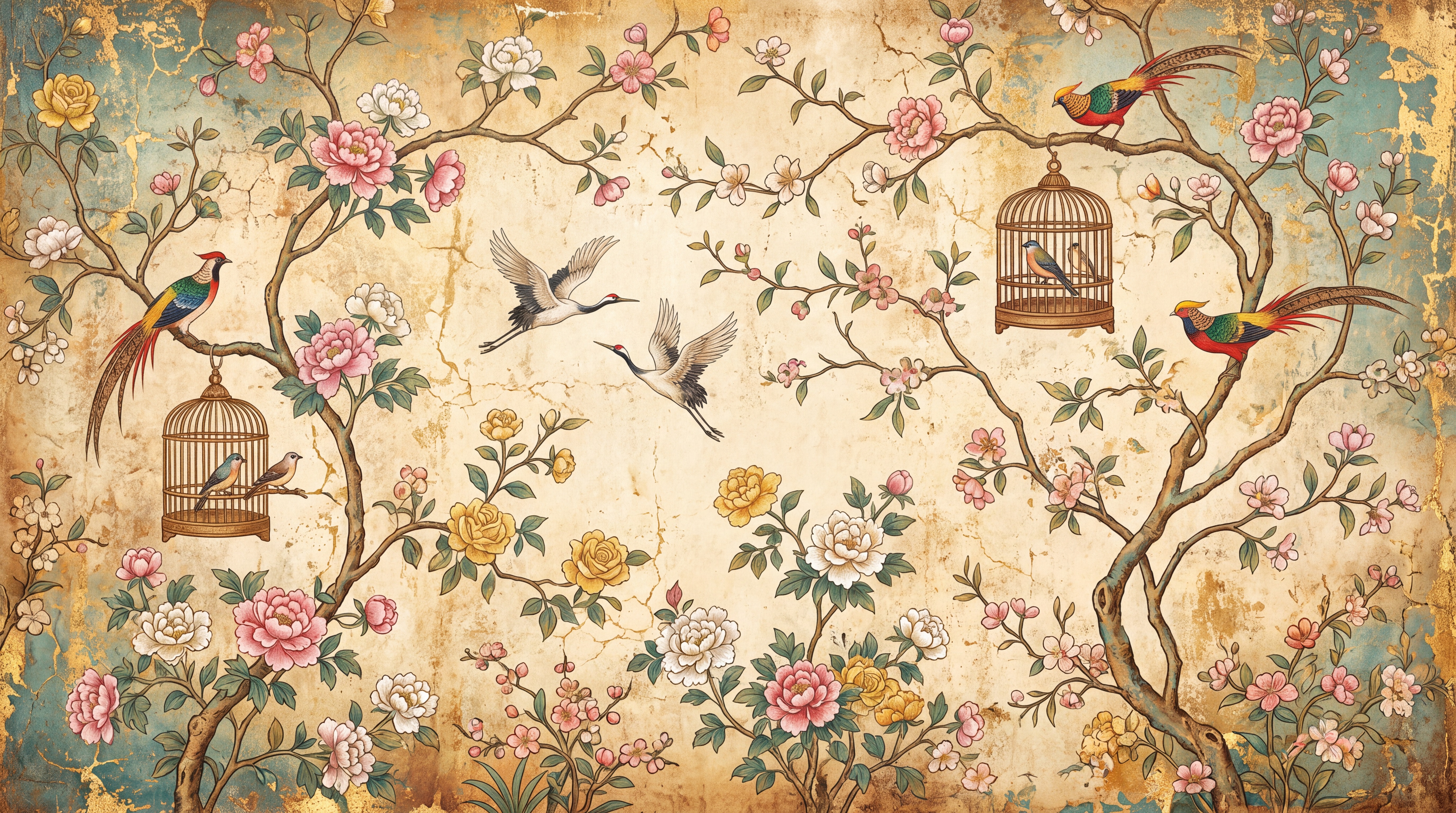 Gold Pattern Decorative Bird Wallpaper Mural Entryway-wallpaper-murals, Peel-and-stick Finish