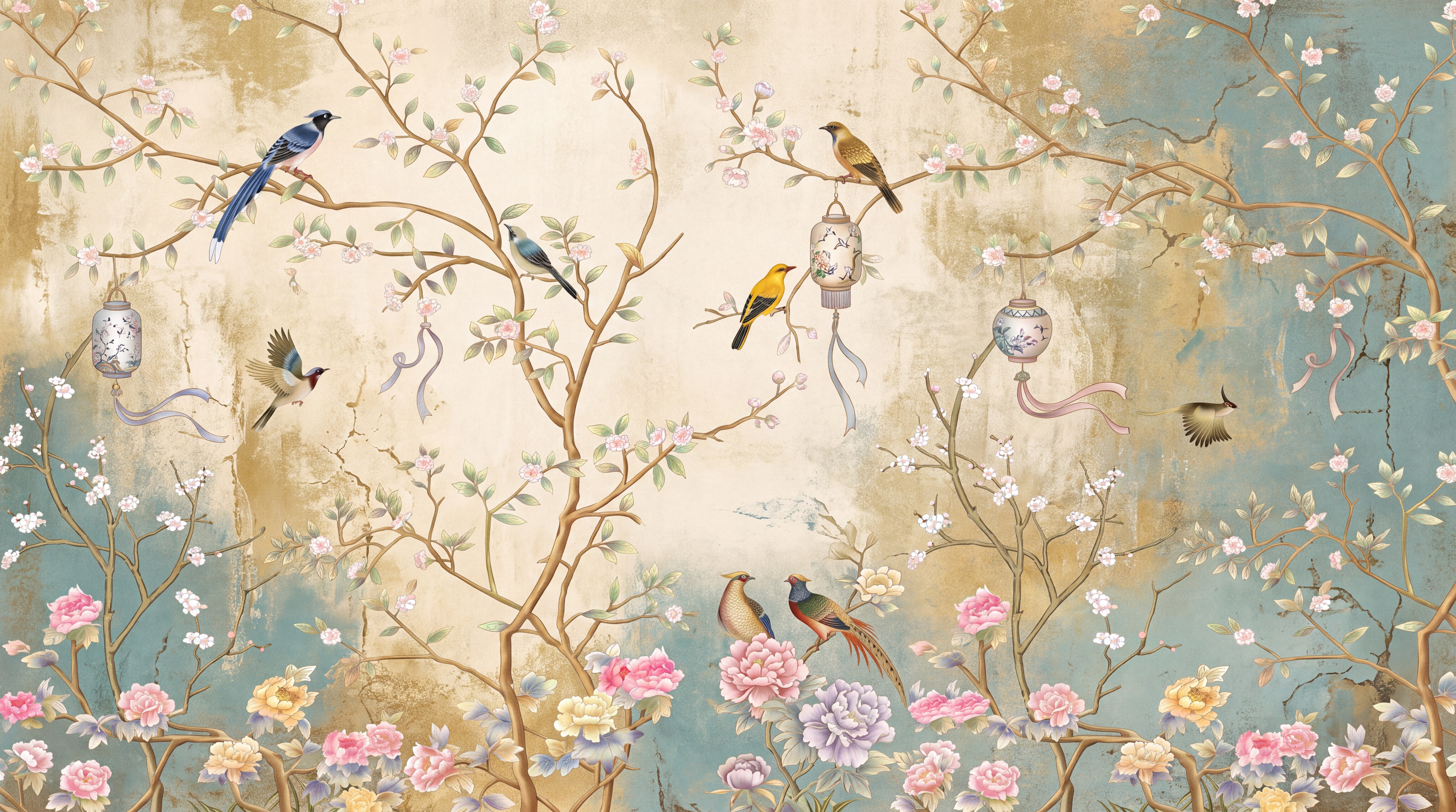 Teal Bird Illustrated Wallpaper Mural, Peel-and-stick Finish