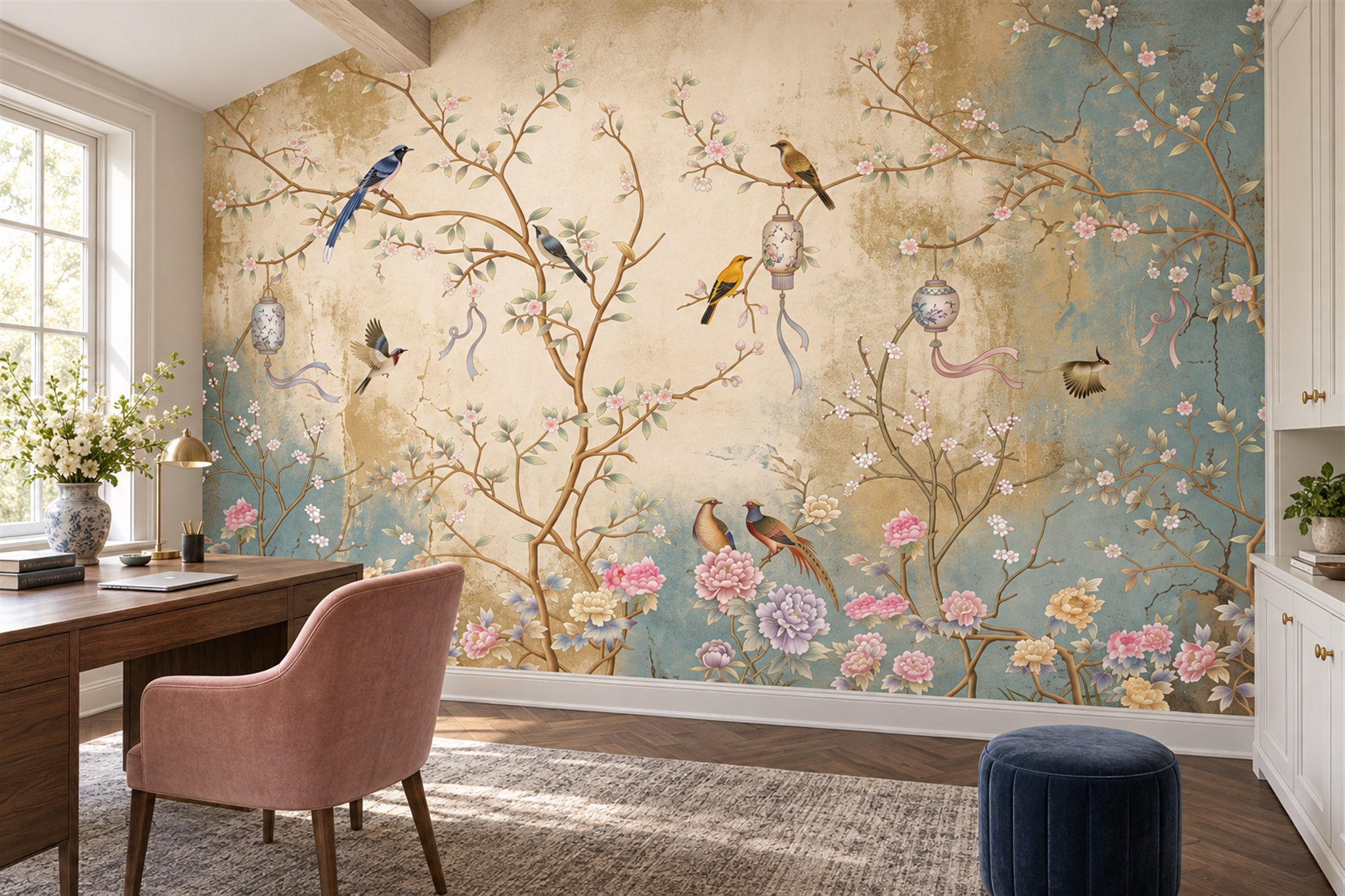 Teal Birds, Blossoms And Hanging Lanterns Wallpaper Mural — Installed Wallpaper Mural In A Home Office, Peel-and-stick Finish