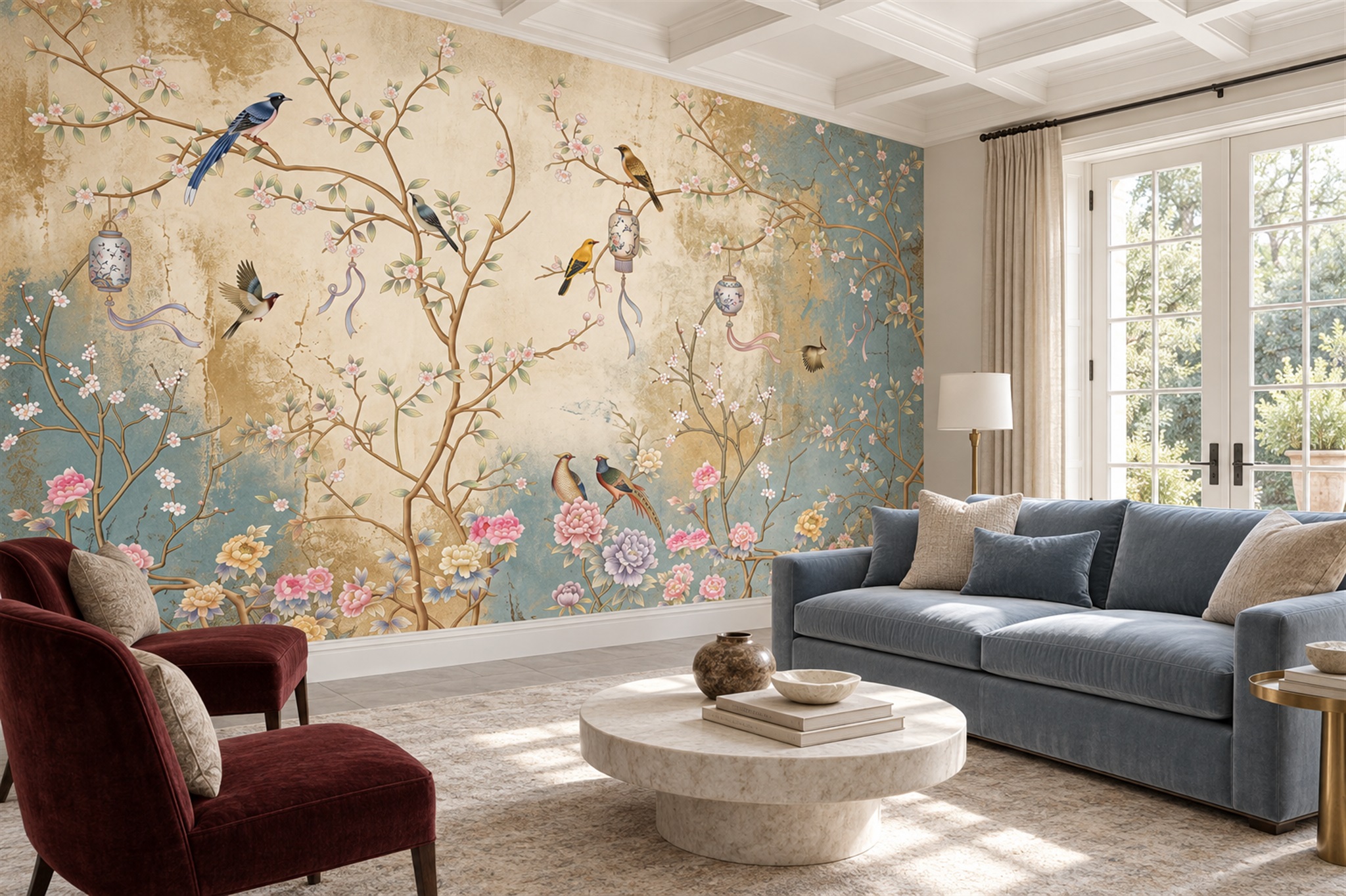 Teal Bird Illustrated Wallpaper Mural Accent-wall-wallpaper-murals, Peel-and-stick Finish