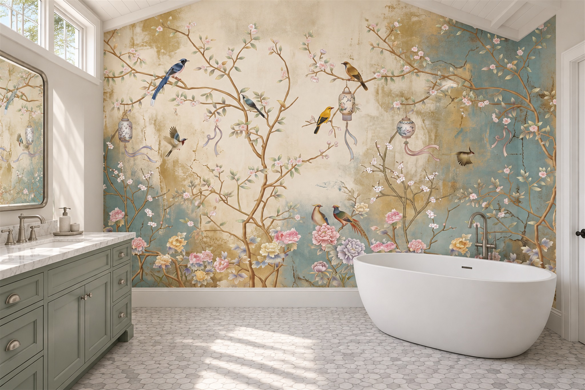 Teal Bird Illustrated Wallpaper Mural Bathroom-wallpaper-murals, Peel-and-stick Finish