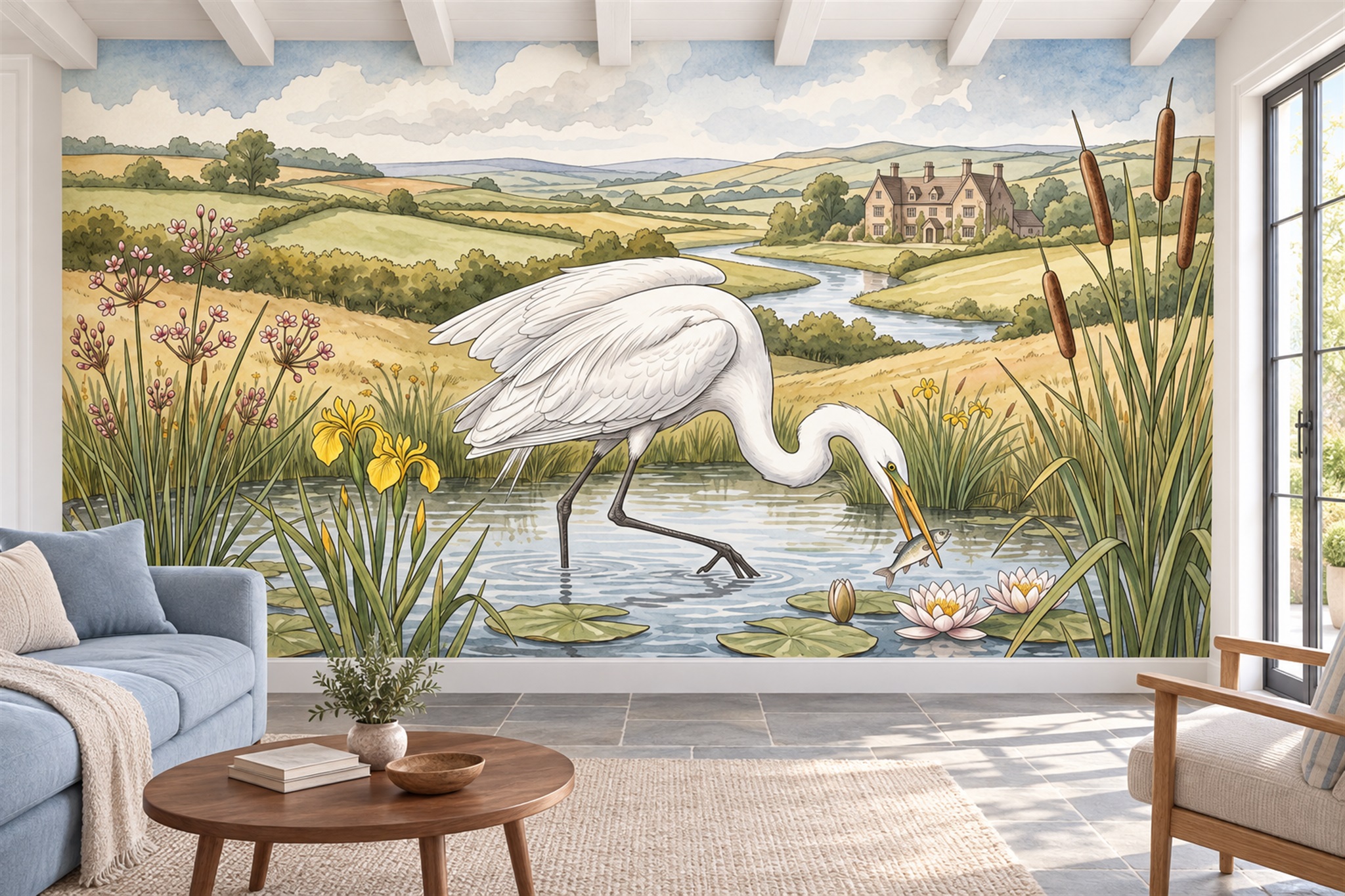 White Egret Fishing In A Countryside Wetland Wallpaper Mural — Wallpaper Mural Design, Peel-and-stick Finish