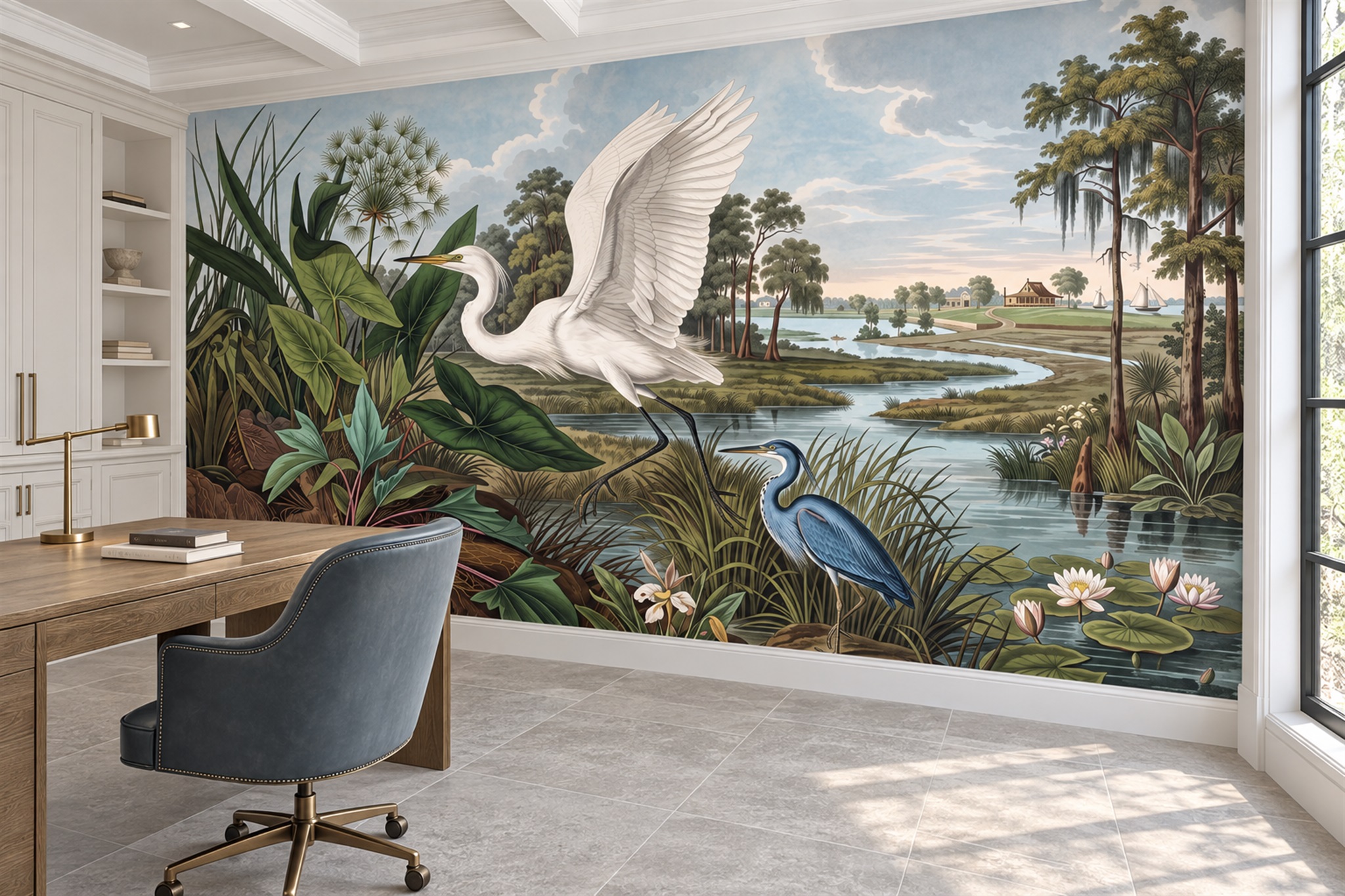 Flying White Heron Over A Tropical Marsh Wallpaper Mural — Installed Wallpaper Mural In A Home Office, Peel-and-stick Finish