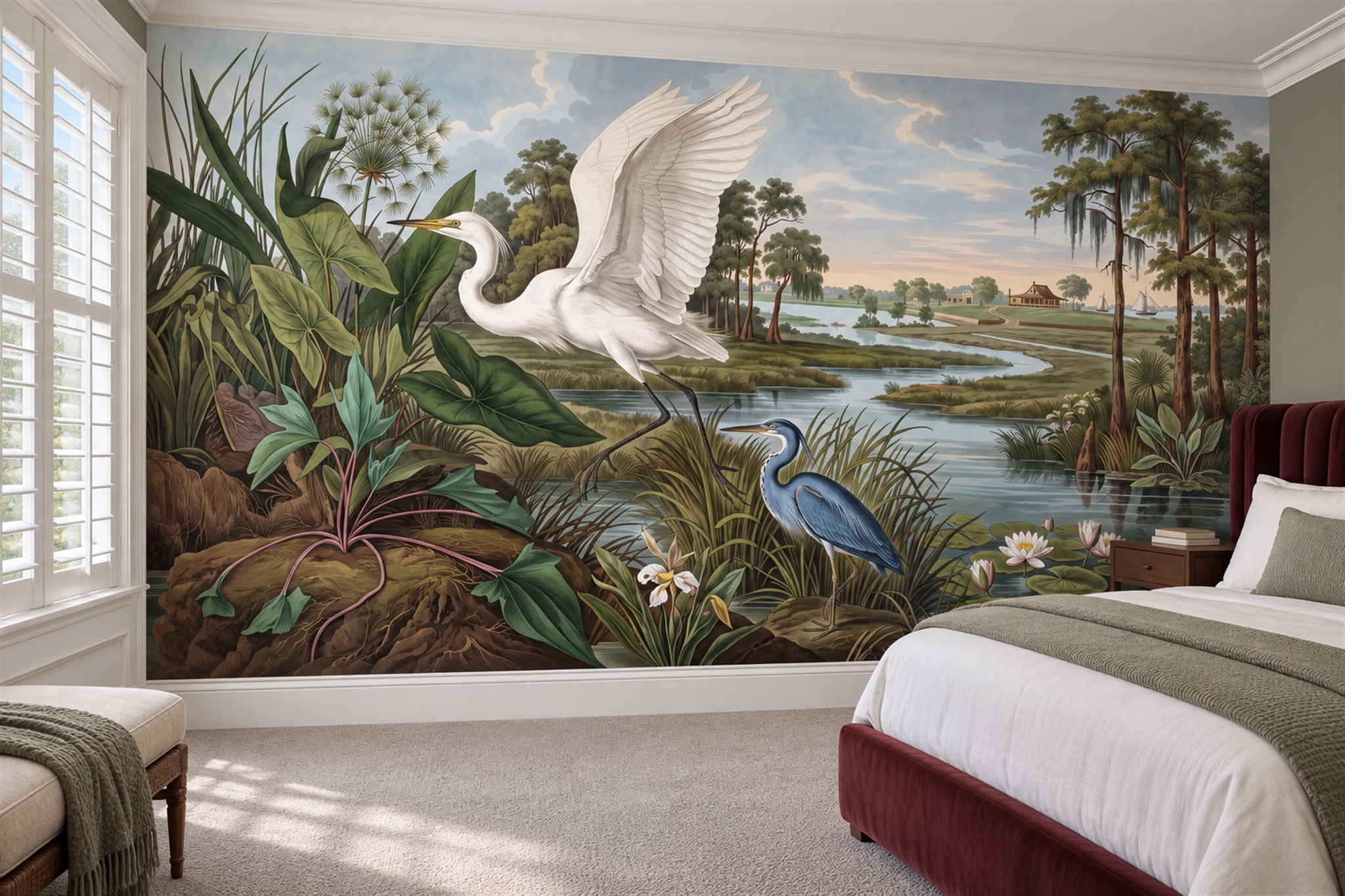 Ivory Heron Illustrated Wallpaper Mural Bedroom-wallpaper-murals, Peel-and-stick Finish