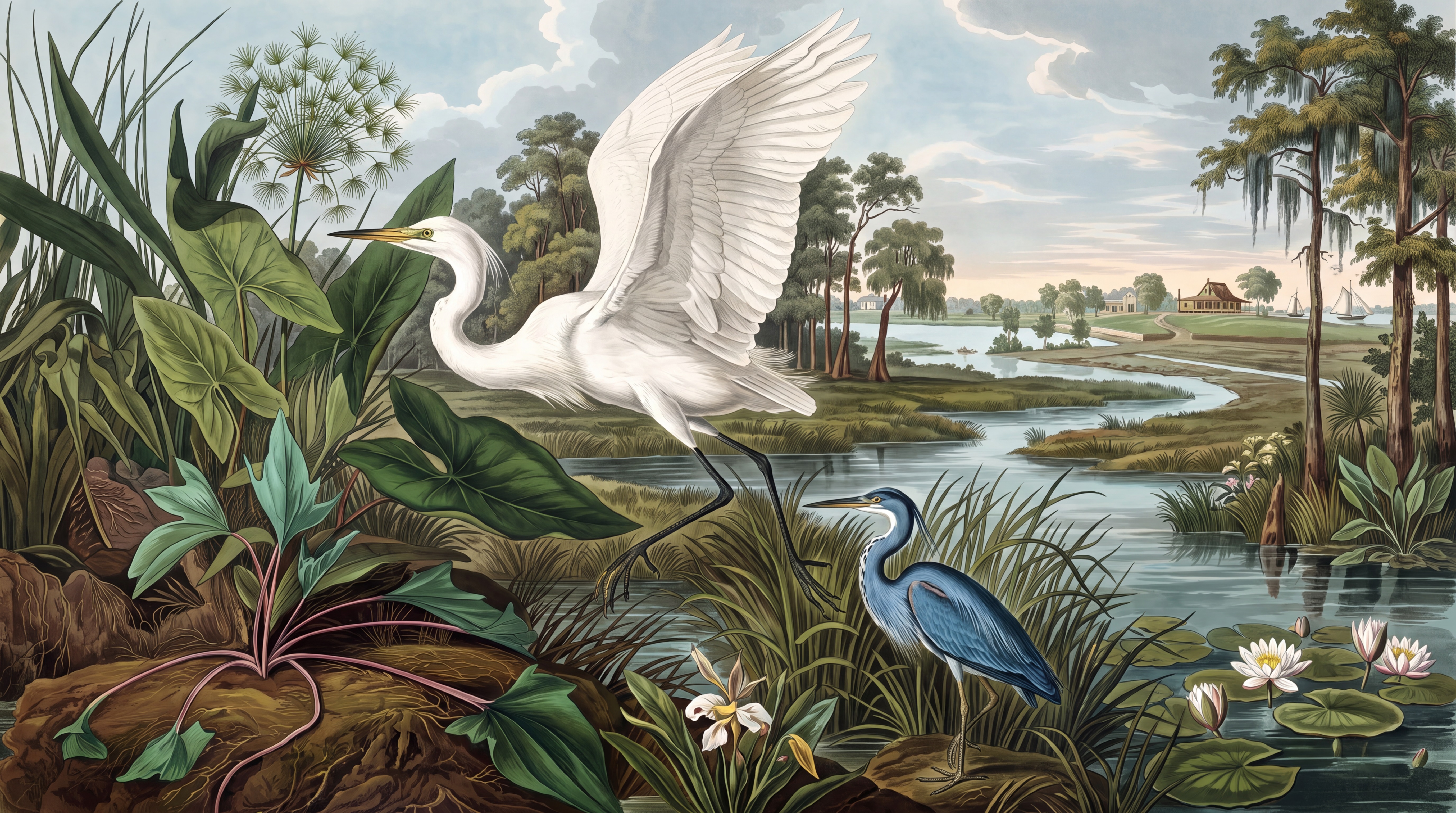 Ivory Heron Illustrated Wallpaper Mural, Peel-and-stick Finish