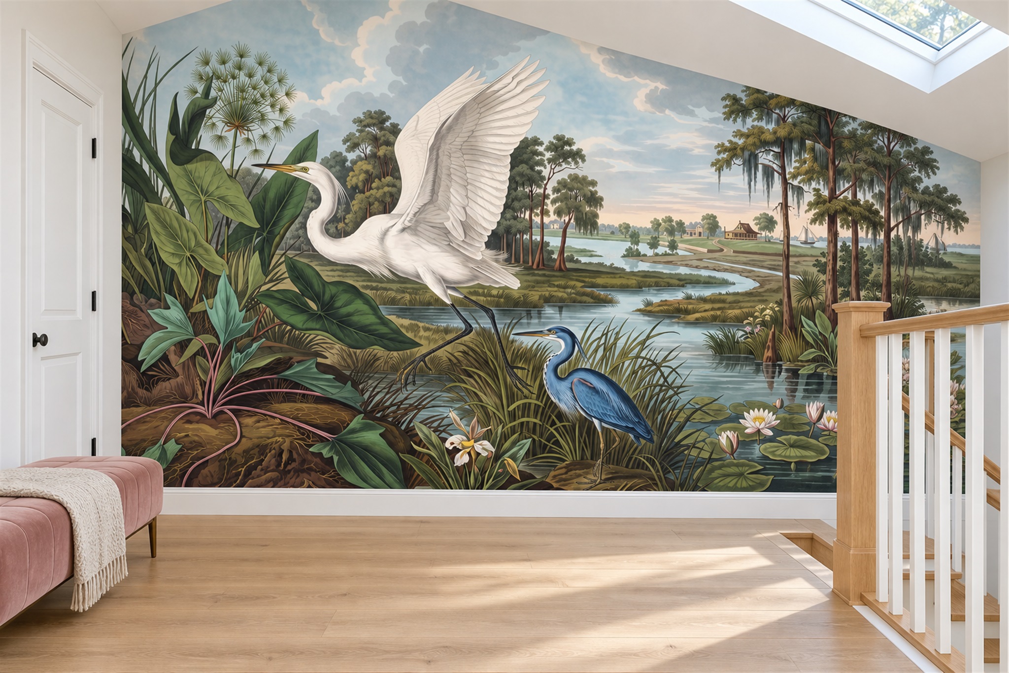 Ivory Heron Illustrated Wallpaper Mural Office-wallpaper-murals, Shown In A Home Office, Peel-and-stick Finish