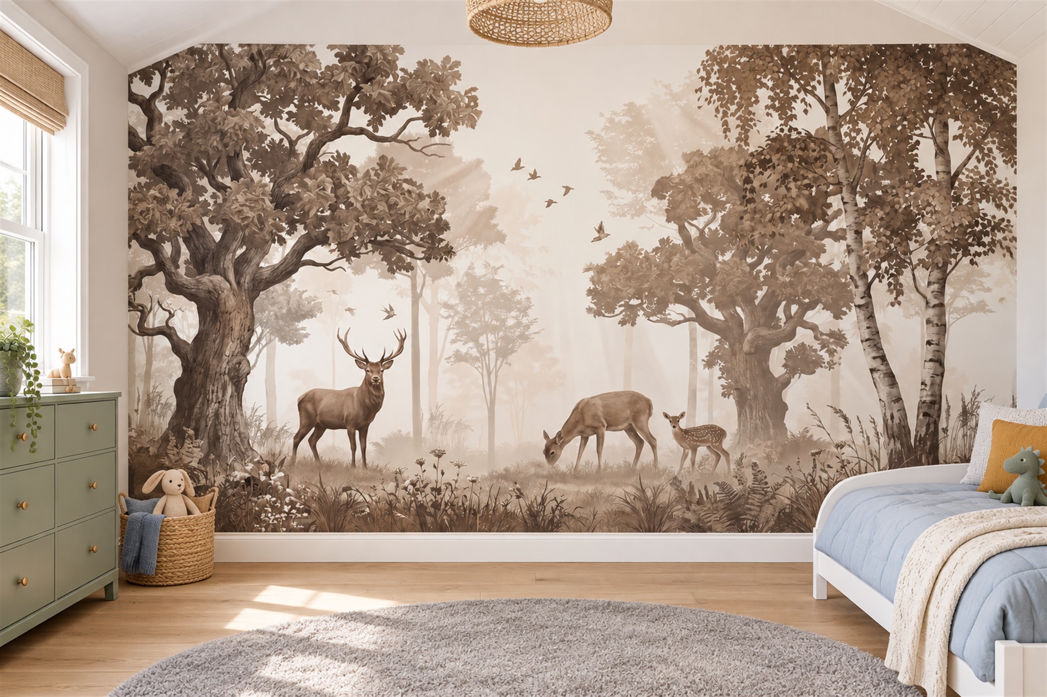Sepia Deer Illustrated Wallpaper Mural Nursery-wallpaper-murals, Peel-and-stick Finish
