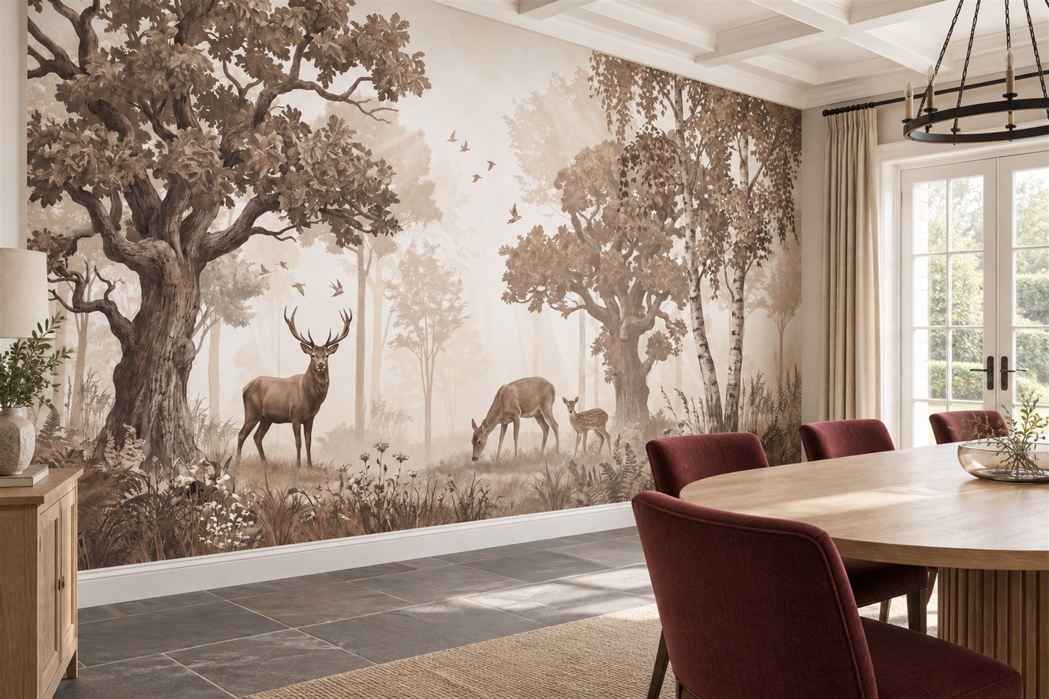 Sepia Woodland Animals Beneath Forest Trees Wallpaper Mural — Wallpaper Mural Design, Peel-and-stick Finish