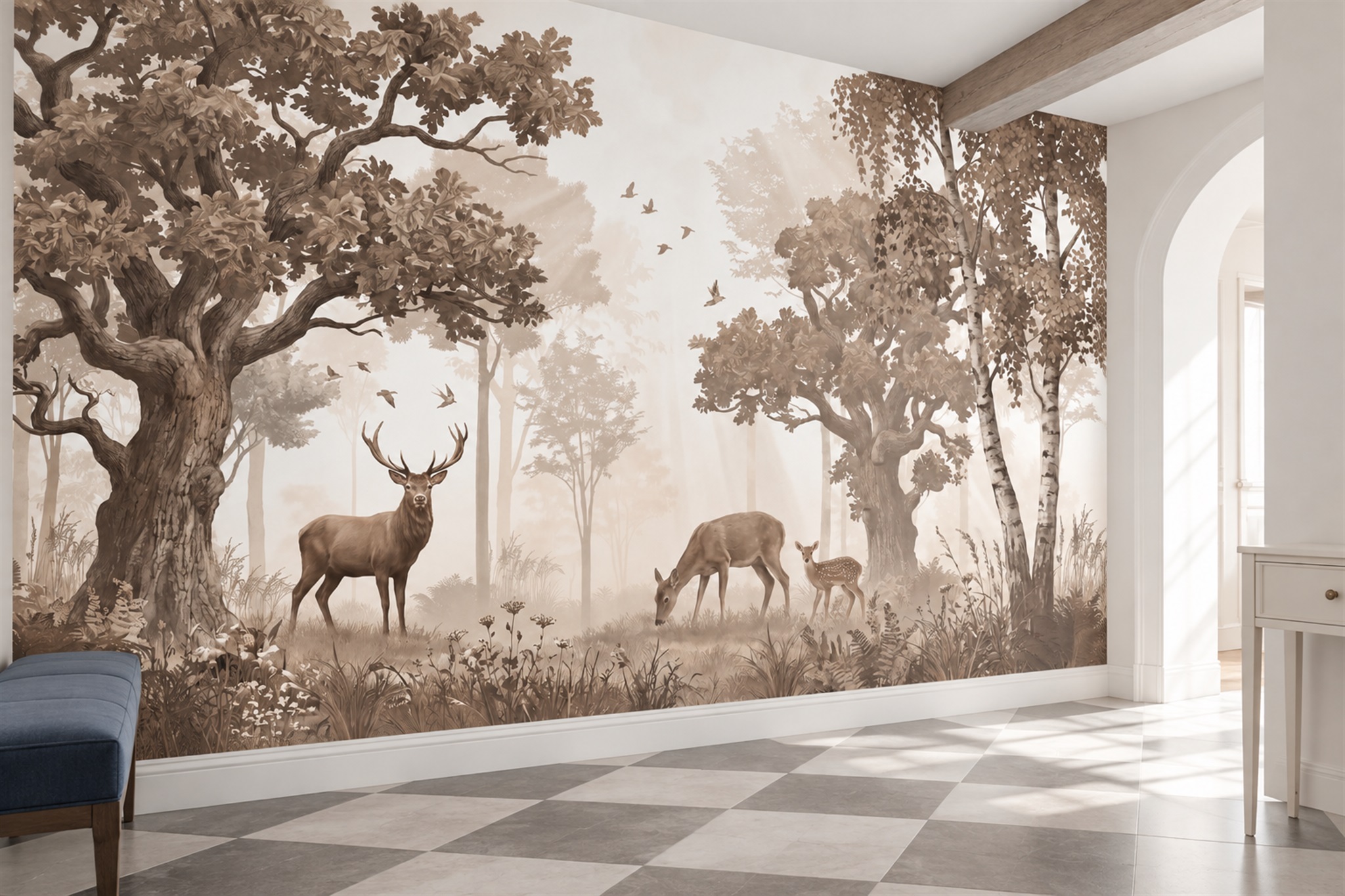 Sepia Deer Illustrated Wallpaper Mural Hallway-wallpaper-murals, Peel-and-stick Finish