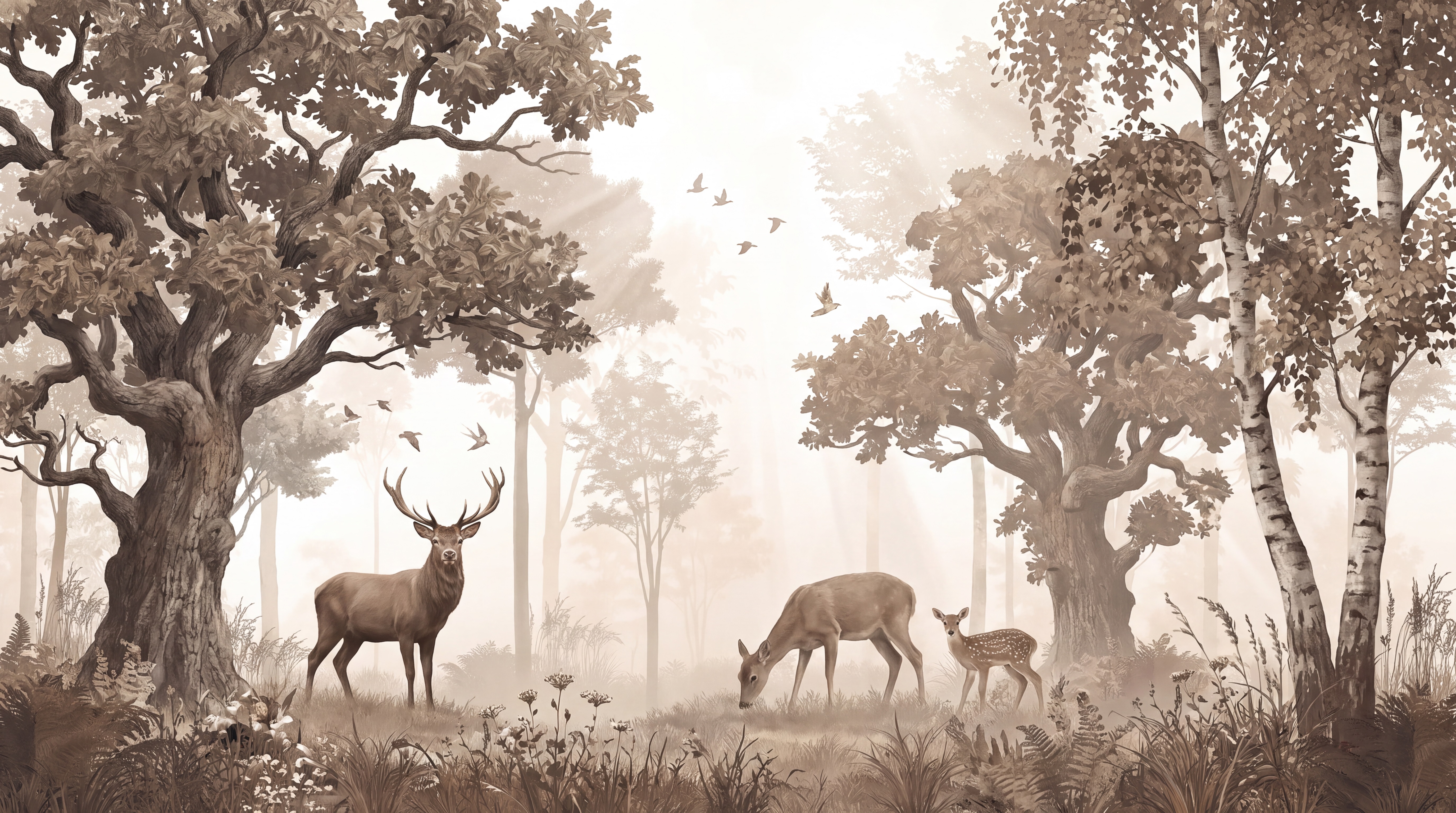 Sepia Deer Illustrated Wallpaper Mural Dining-room-wallpaper-murals, Peel-and-stick Finish