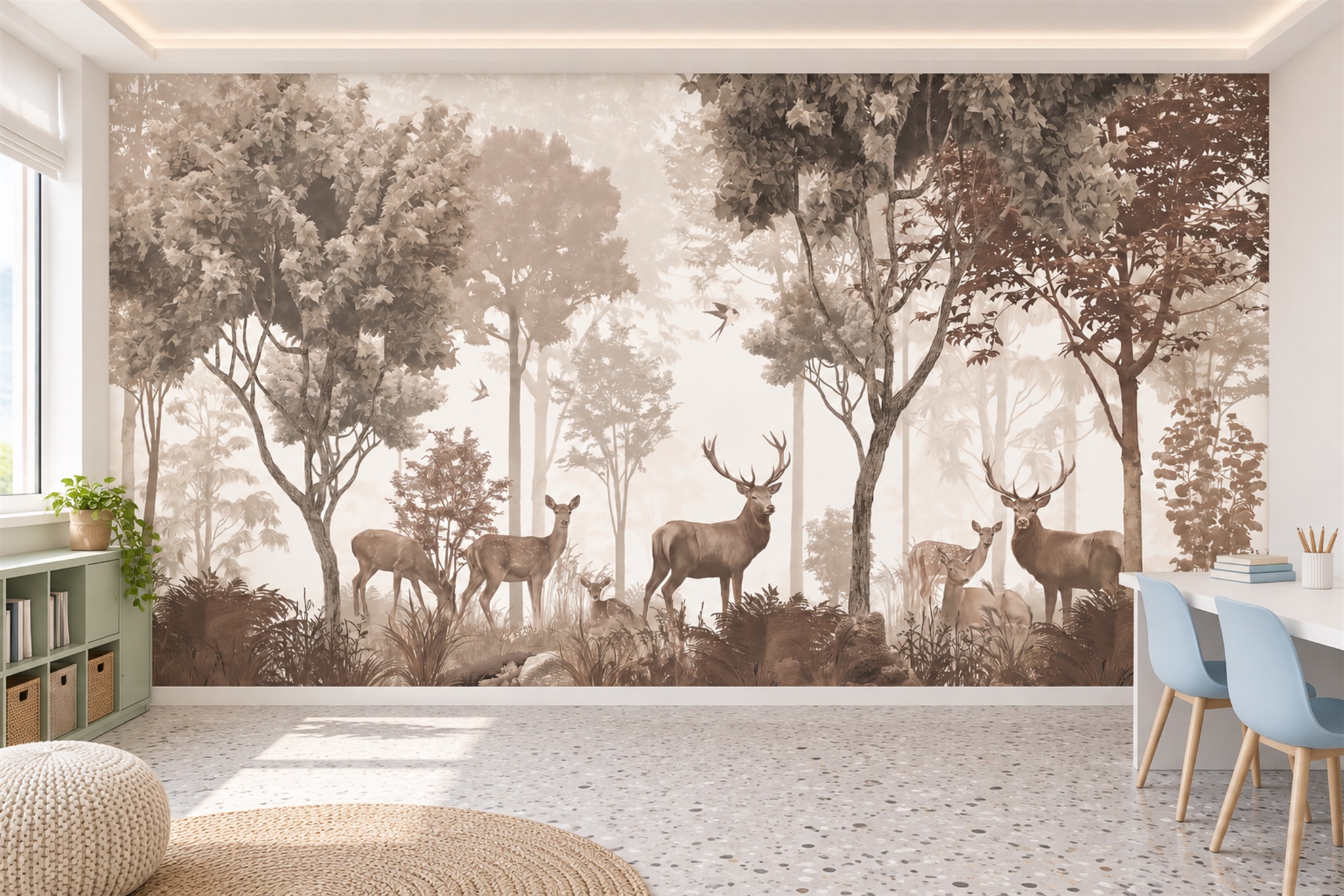 Taupe Deer In A Misty Woodland Wallpaper Mural — Installed Wallpaper Mural In A Home Office, Peel-and-stick Finish
