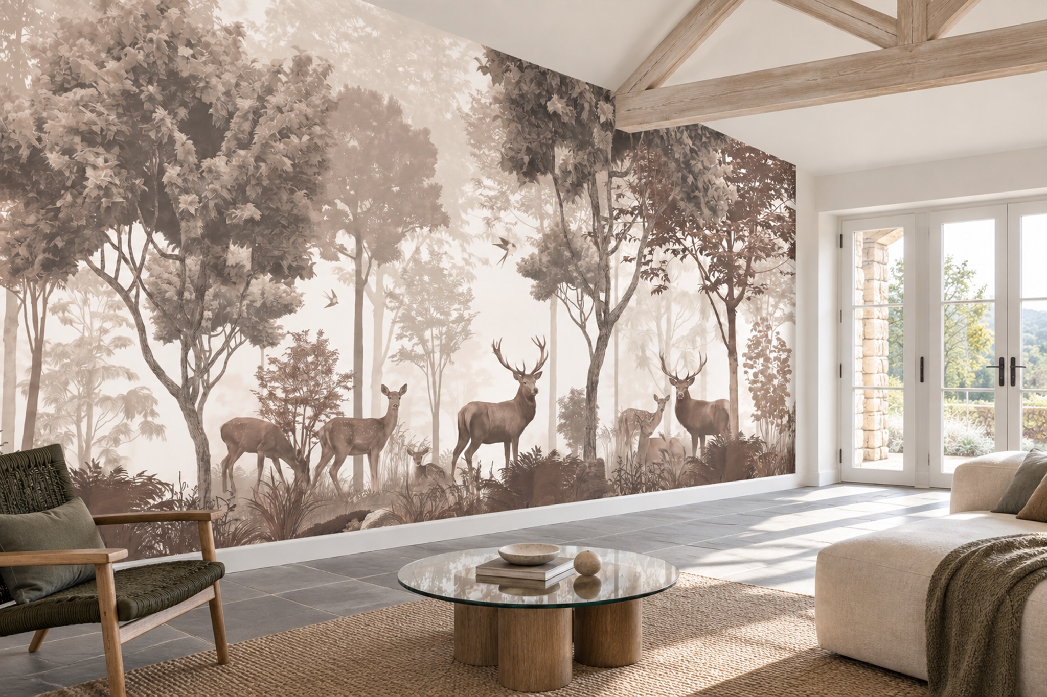 Taupe Deer Illustrated Wallpaper Mural Accent-wall-wallpaper-murals, Peel-and-stick Finish