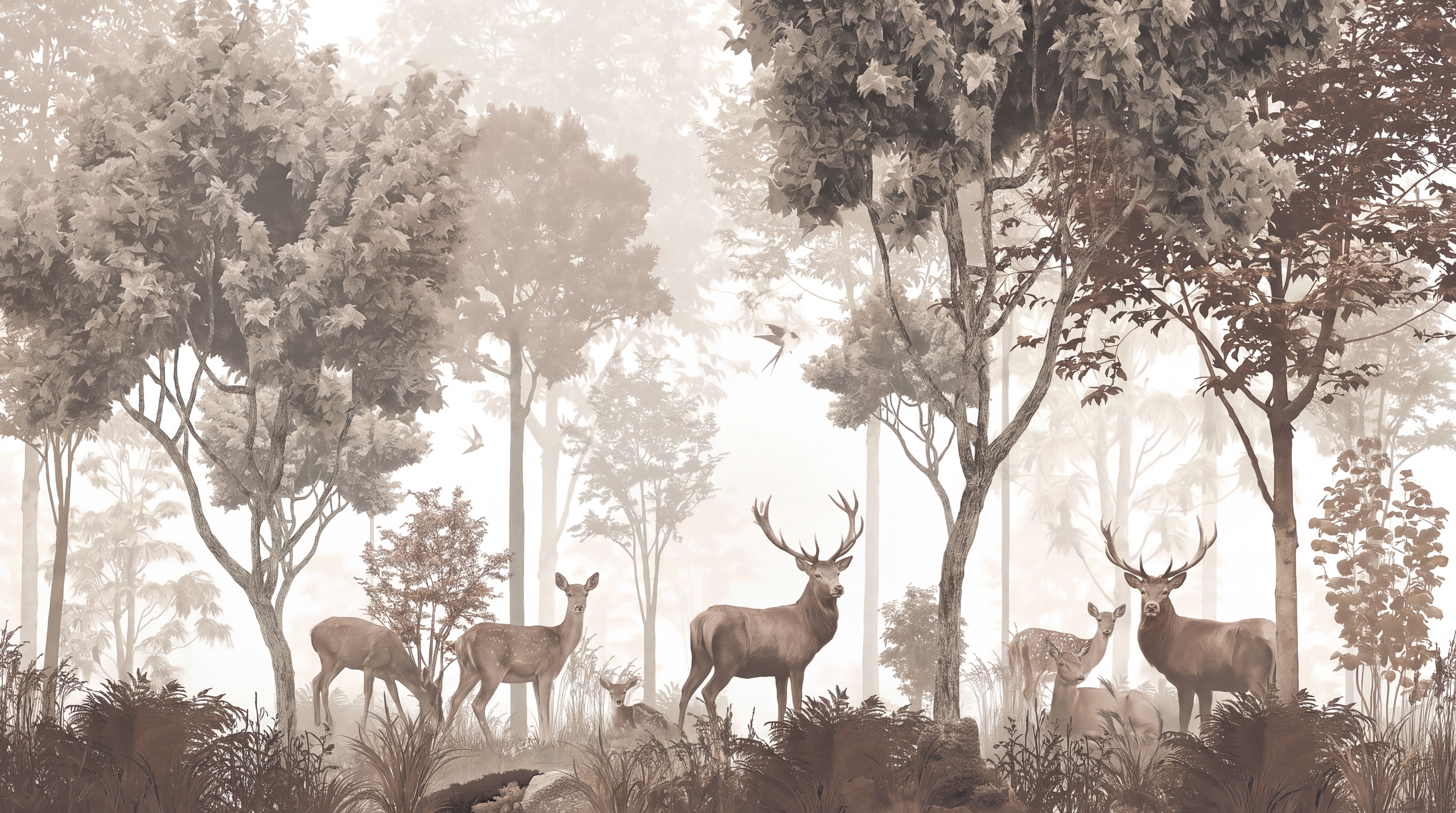 Taupe Deer Illustrated Wallpaper Mural, Peel-and-stick Finish