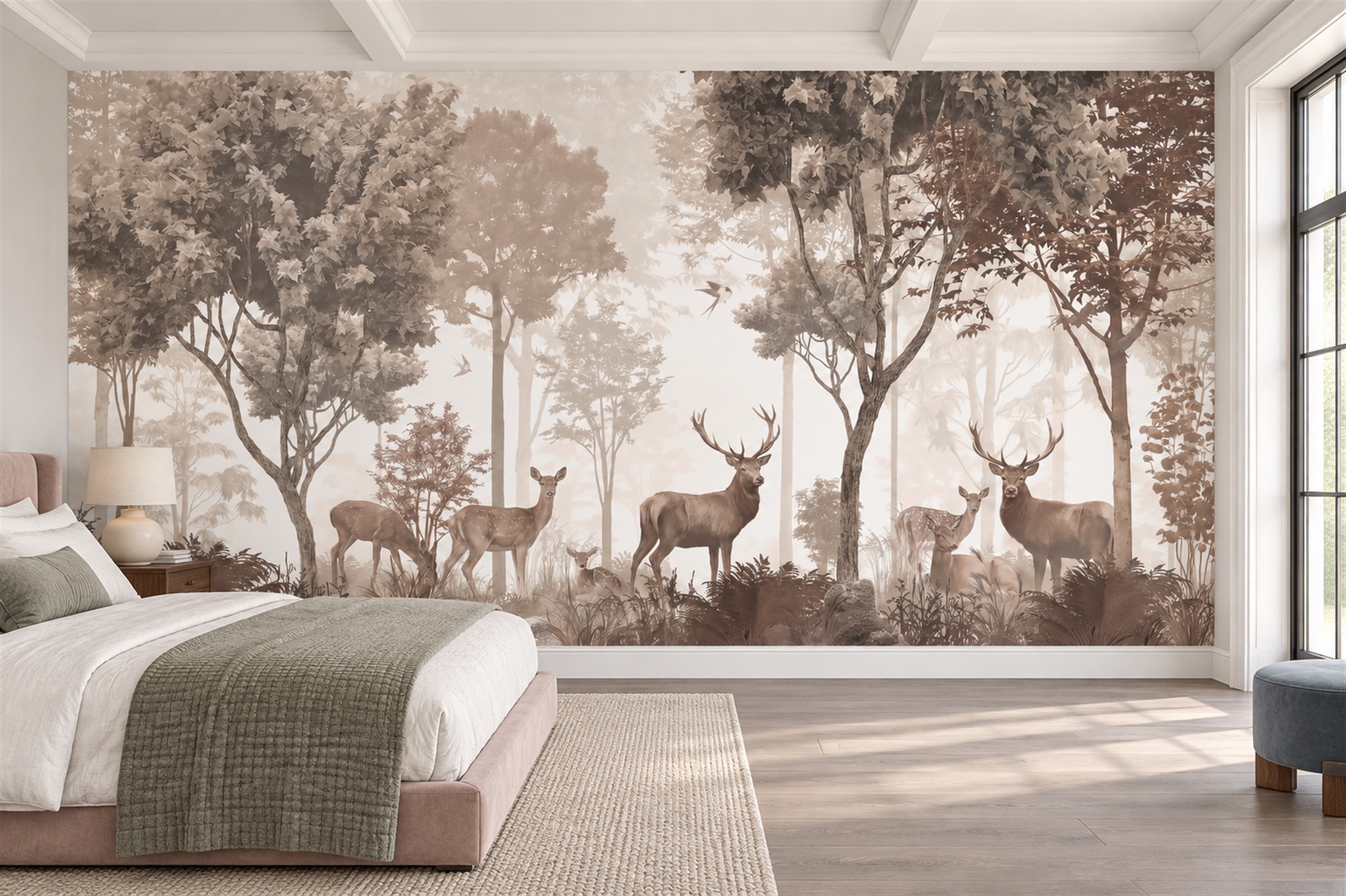 Taupe Deer Illustrated Wallpaper Mural Bedroom-wallpaper-murals, Peel-and-stick Finish