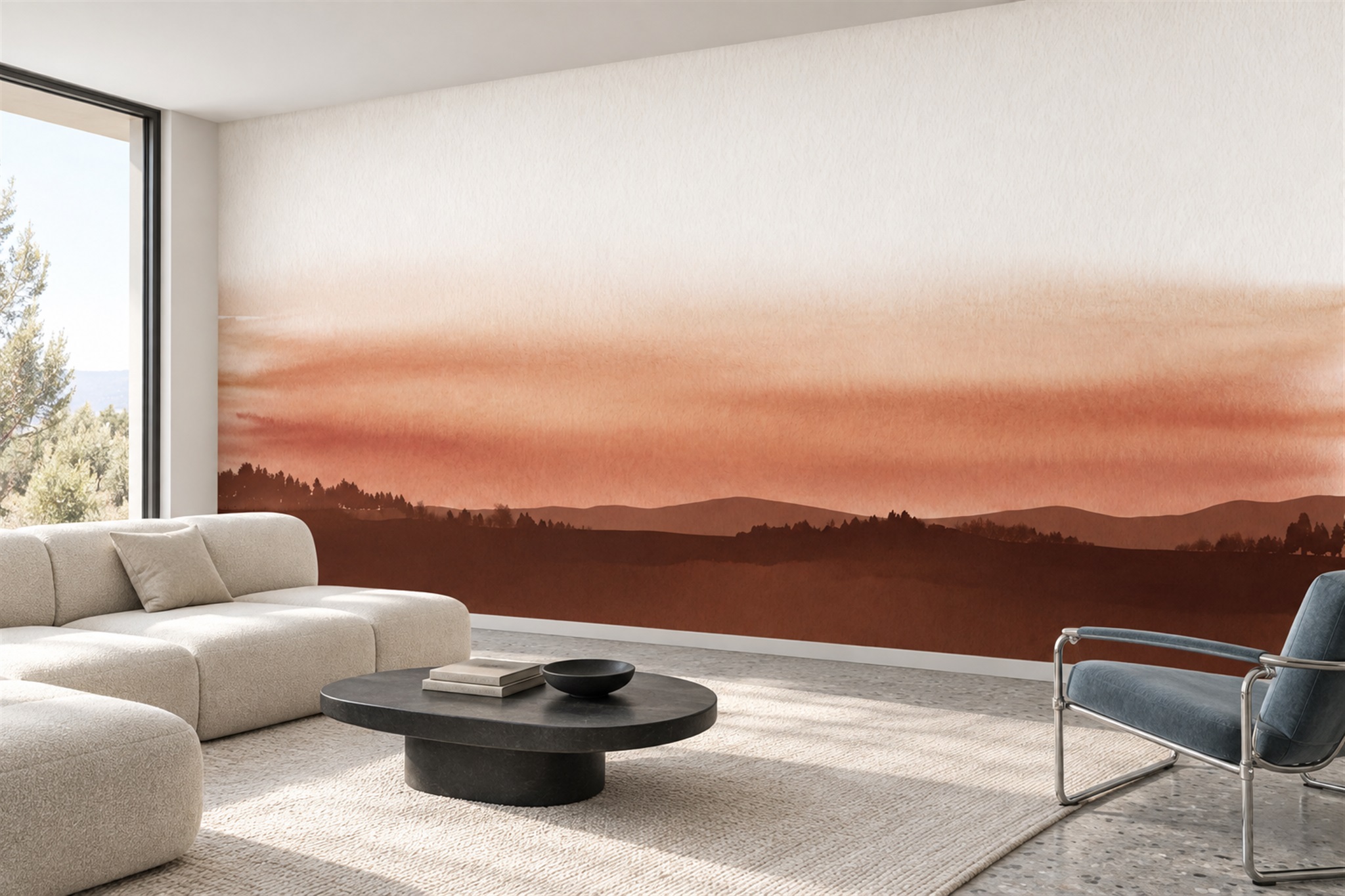 Rust Sunset Ridge Minimalist Wallpaper Mural — Wallpaper Mural Design, Peel-and-stick Finish