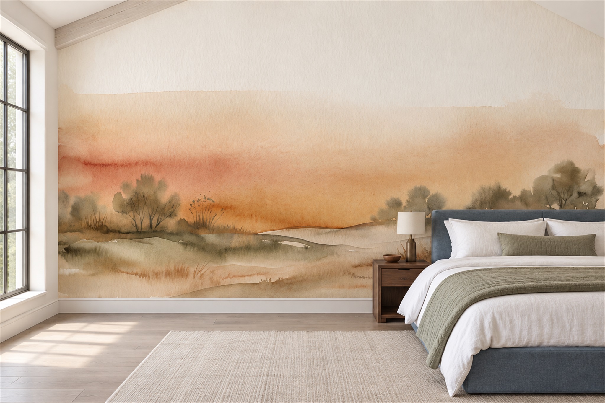 Warm Ochre Watercolour Hills And Treeline Wallpaper Mural — Installed Wallpaper Mural In A Bedroom, Peel-and-stick Finish