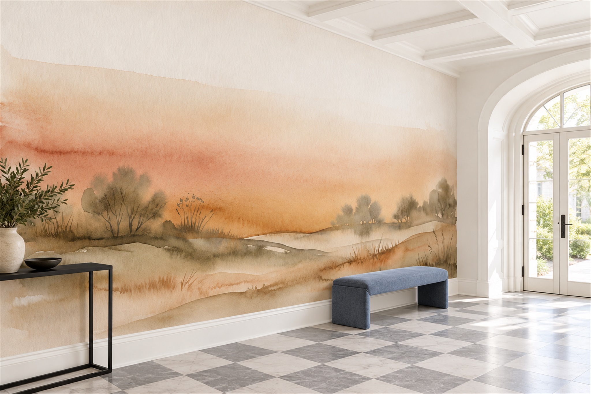 Ochre Pattern Decorative Wallpaper Mural Entryway-wallpaper-murals, Peel-and-stick Finish