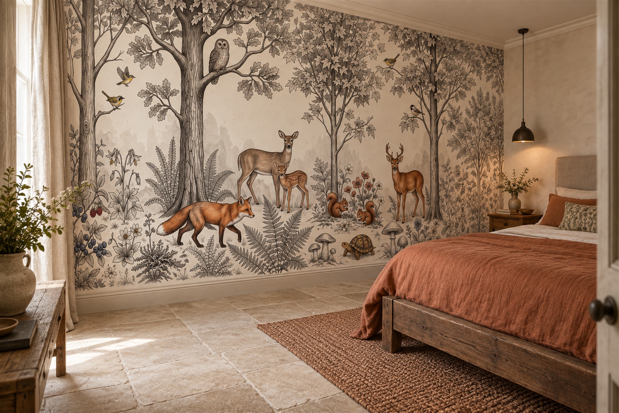 Sepia Woodland Deer, Fox And Owl Wallpaper Mural — Installed Wallpaper Mural In A Bedroom, Peel-and-stick Finish