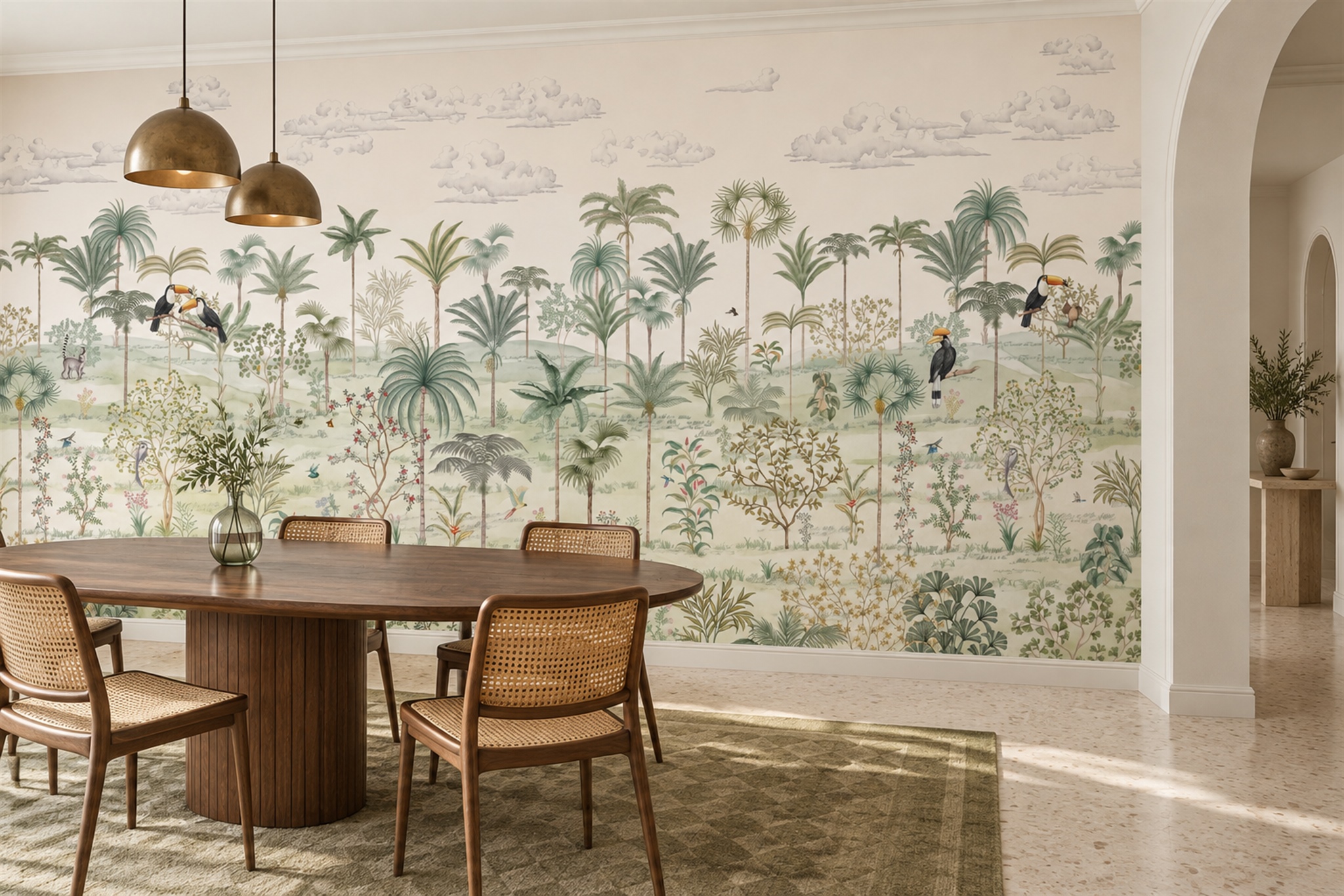 Sage Tropical Artful Wallpaper Mural Dining-room-wallpaper-murals, Shown In A Dining Room, Peel-and-stick Finish
