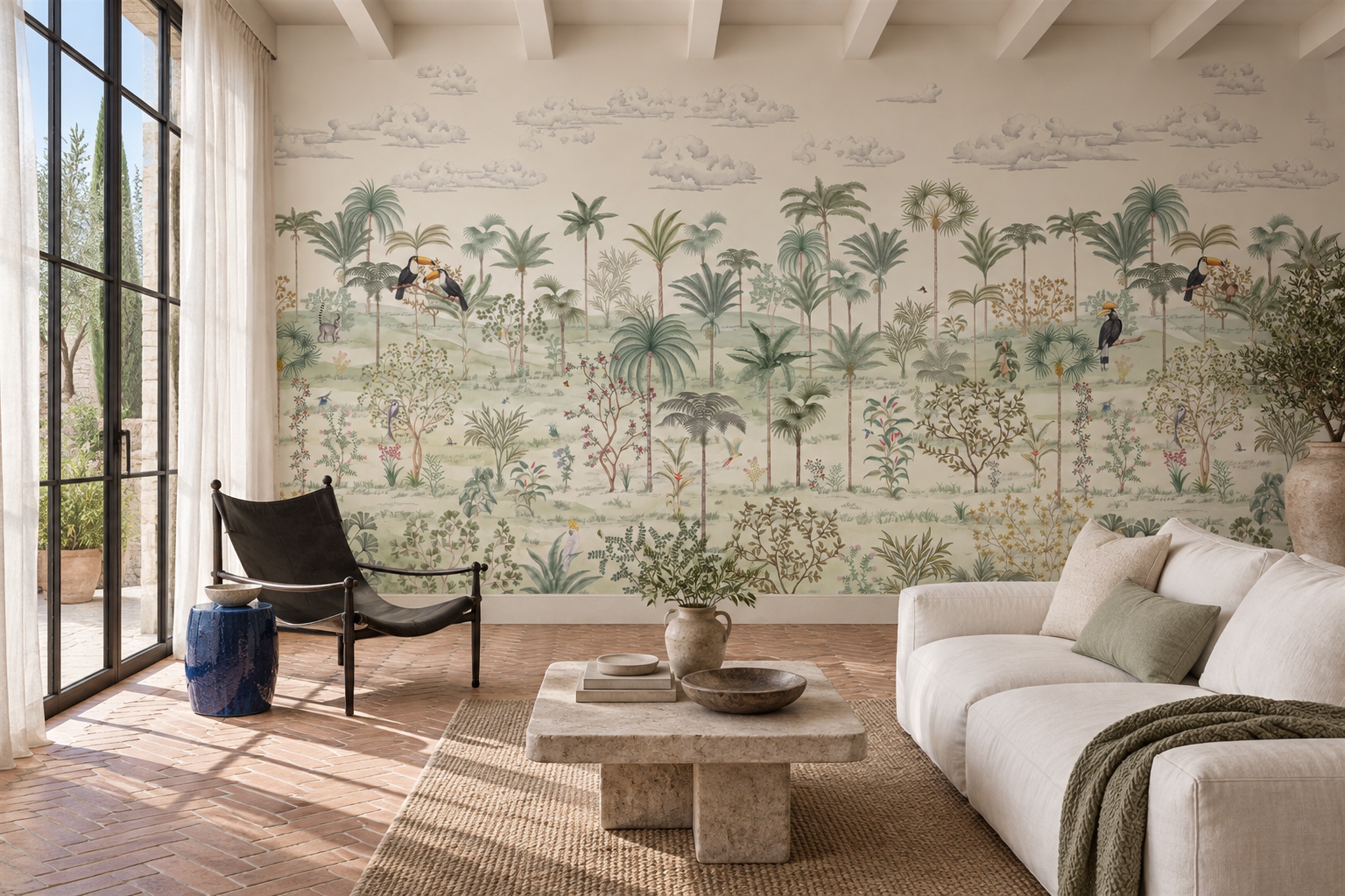 Sage Tropical Palms, Birds And Garden Foliage Wallpaper Mural — Wallpaper Mural Design, Peel-and-stick Finish