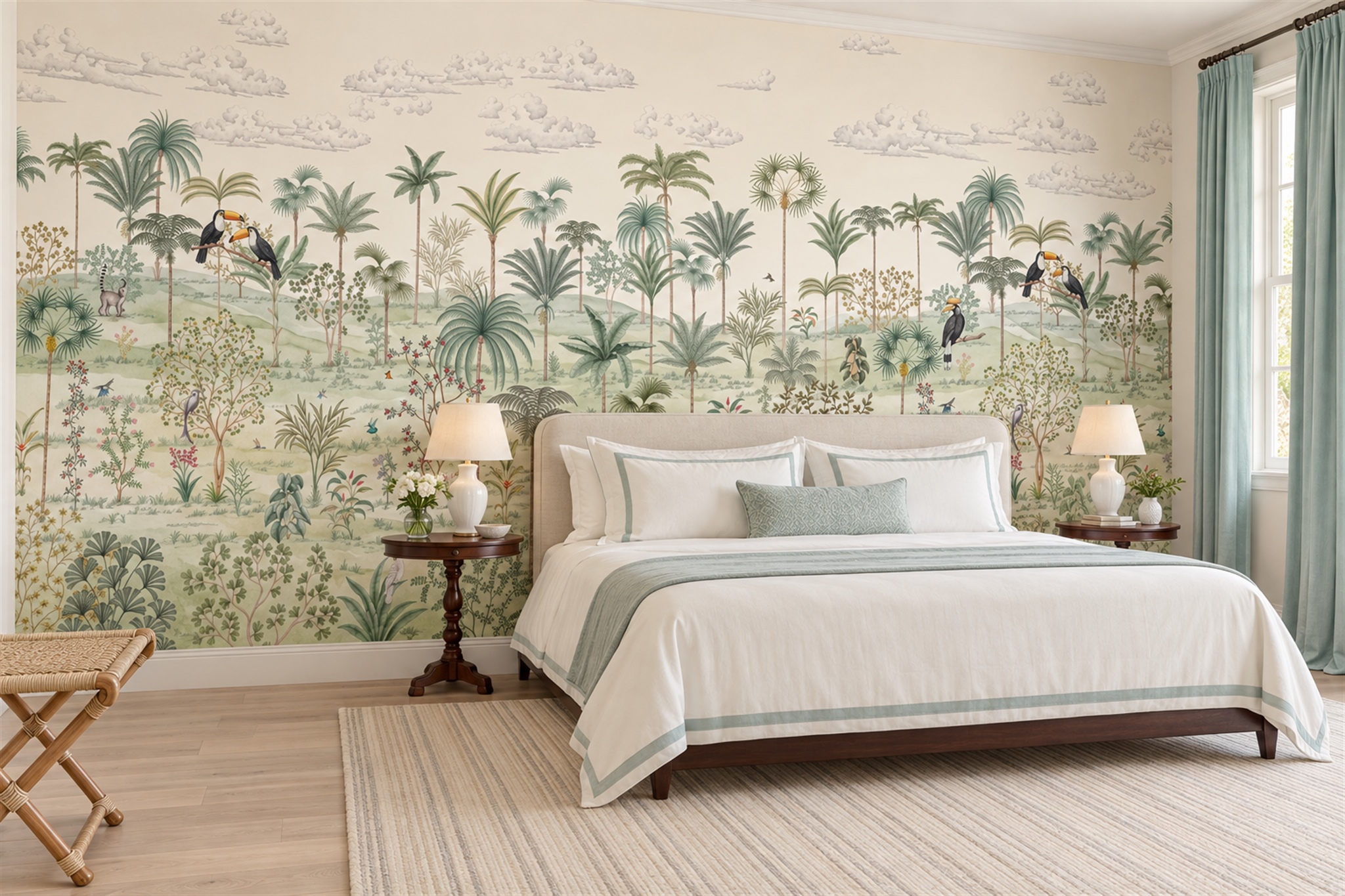 Sage Tropical Artful Wallpaper Mural Bedroom-wallpaper-murals, Peel-and-stick Finish