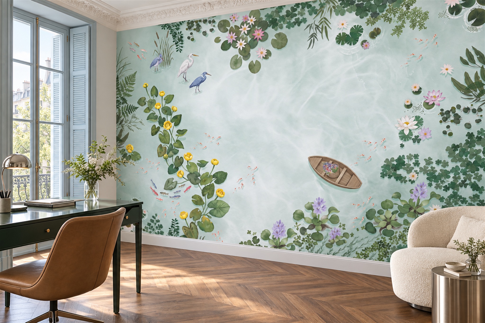 Watercolour Herons And Lily Pond Wallpaper Mural — Wallpaper Mural Design, Peel-and-stick Finish