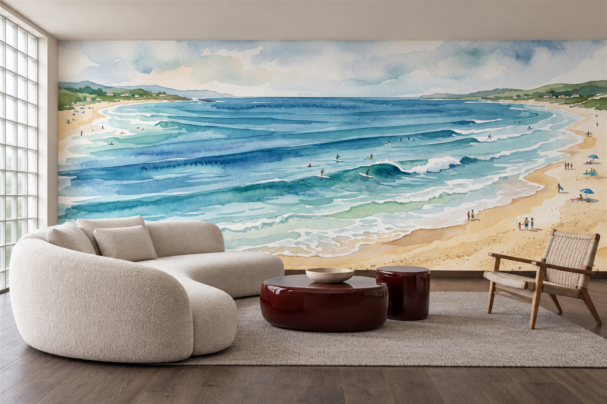 Blue Beach Scenic Wallpaper Mural Living-room-wallpaper-murals, Peel-and-stick Finish