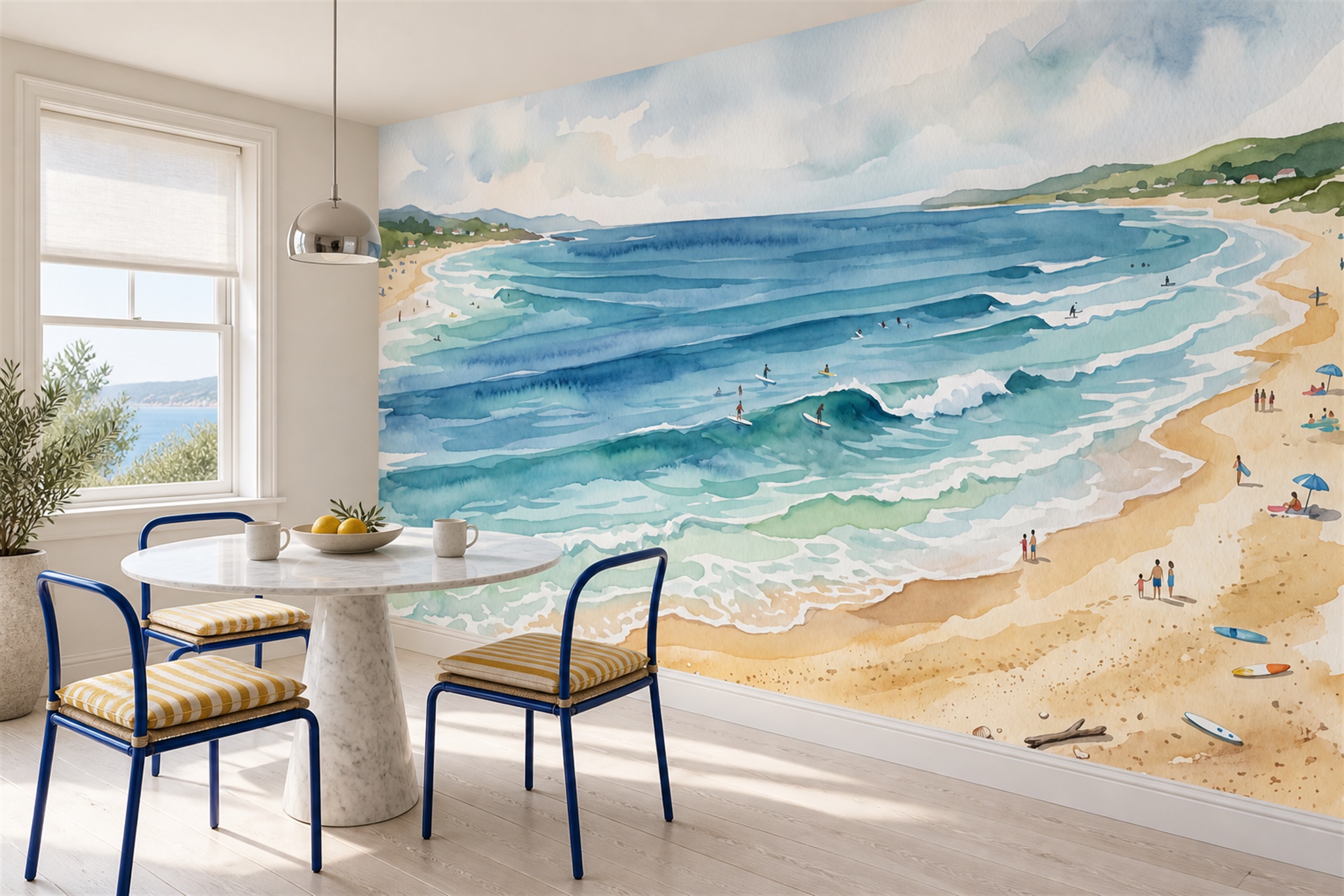 Blue Beach Scenic Wallpaper Mural Dining-room-wallpaper-murals, Shown In A Dining Room, Peel-and-stick Finish