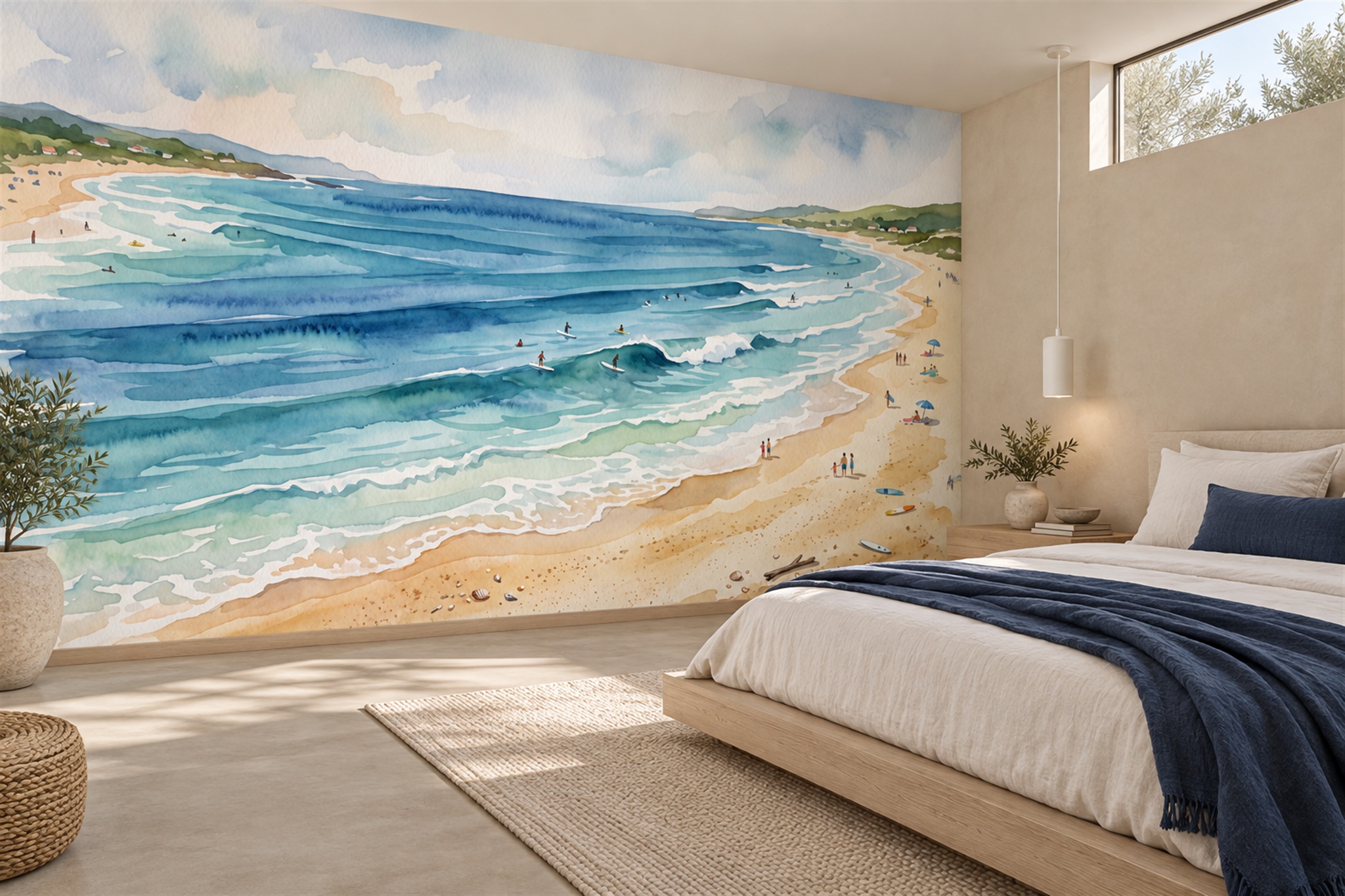 Blue Beach Scenic Wallpaper Mural Living-room-wallpaper-murals, Peel-and-stick Finish