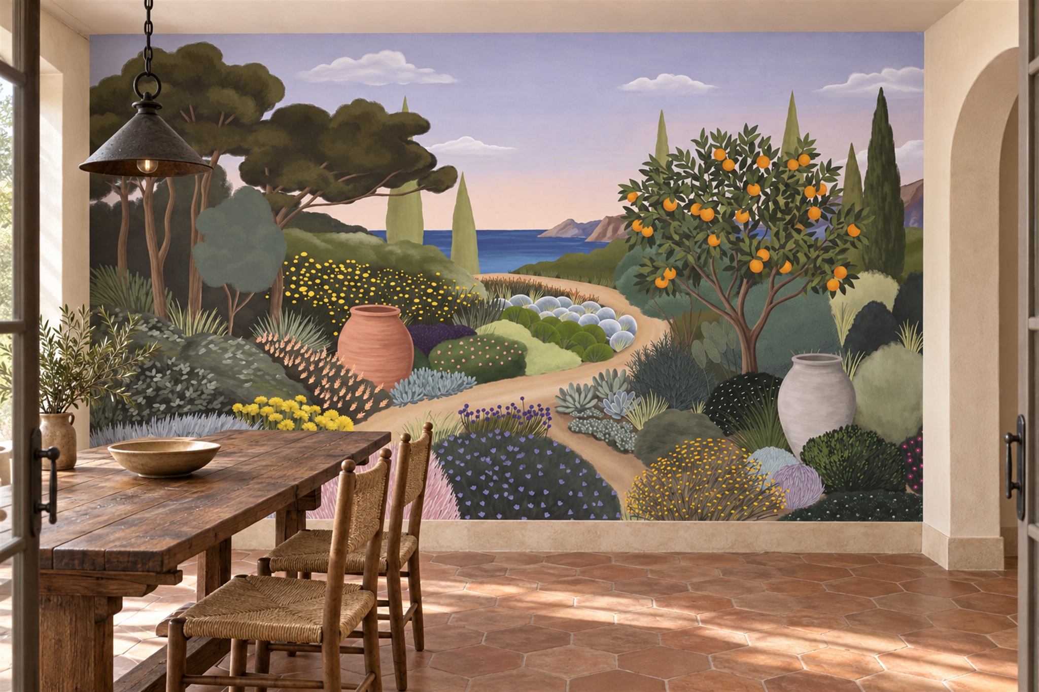 Mediterranean Garden, Citrus Tree And Sea View Wallpaper Mural — Wallpaper Mural Design, Peel-and-stick Finish
