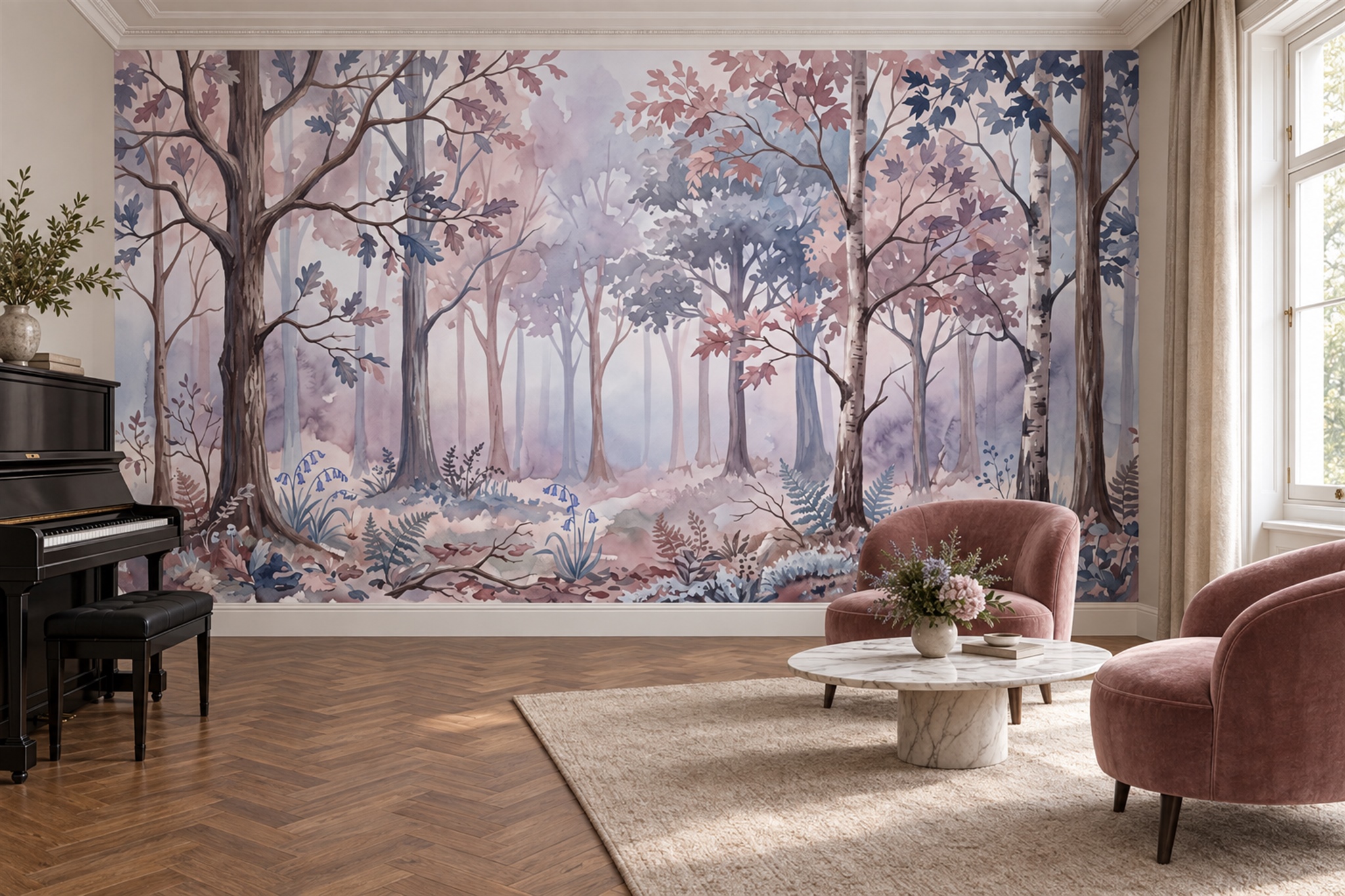 Lilac Forest Scenic Wallpaper Mural Accent-wall-wallpaper-murals, Peel-and-stick Finish