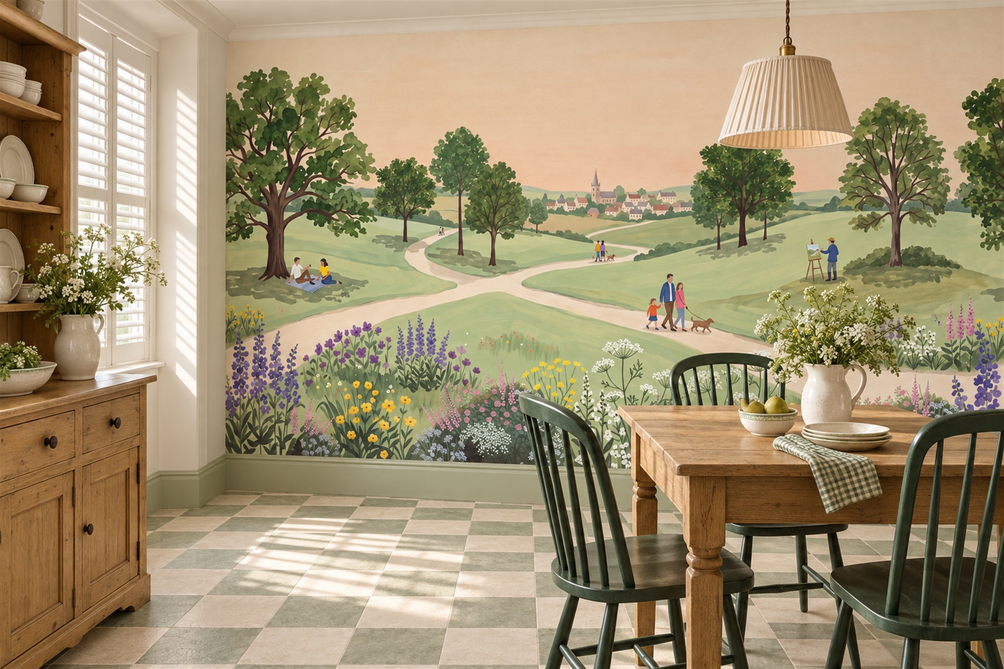 Green Meadow Scenic Wallpaper Mural Dining-room-wallpaper-murals, Shown In A Dining Room, Peel-and-stick Finish