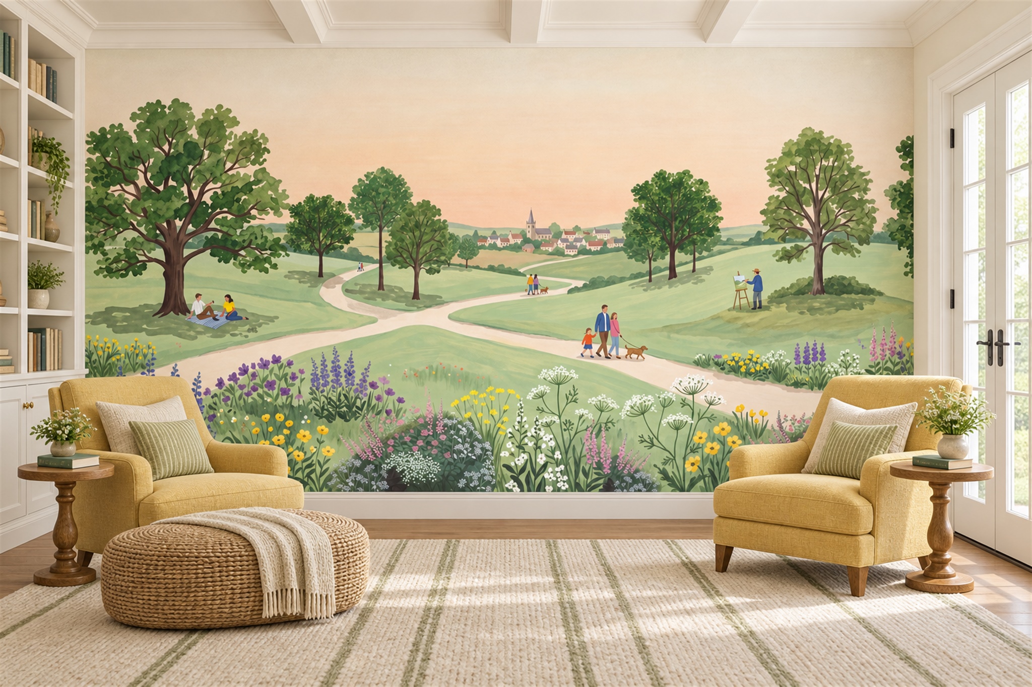 Green Meadow Path To A Village Wallpaper Mural — Wallpaper Mural Design, Peel-and-stick Finish